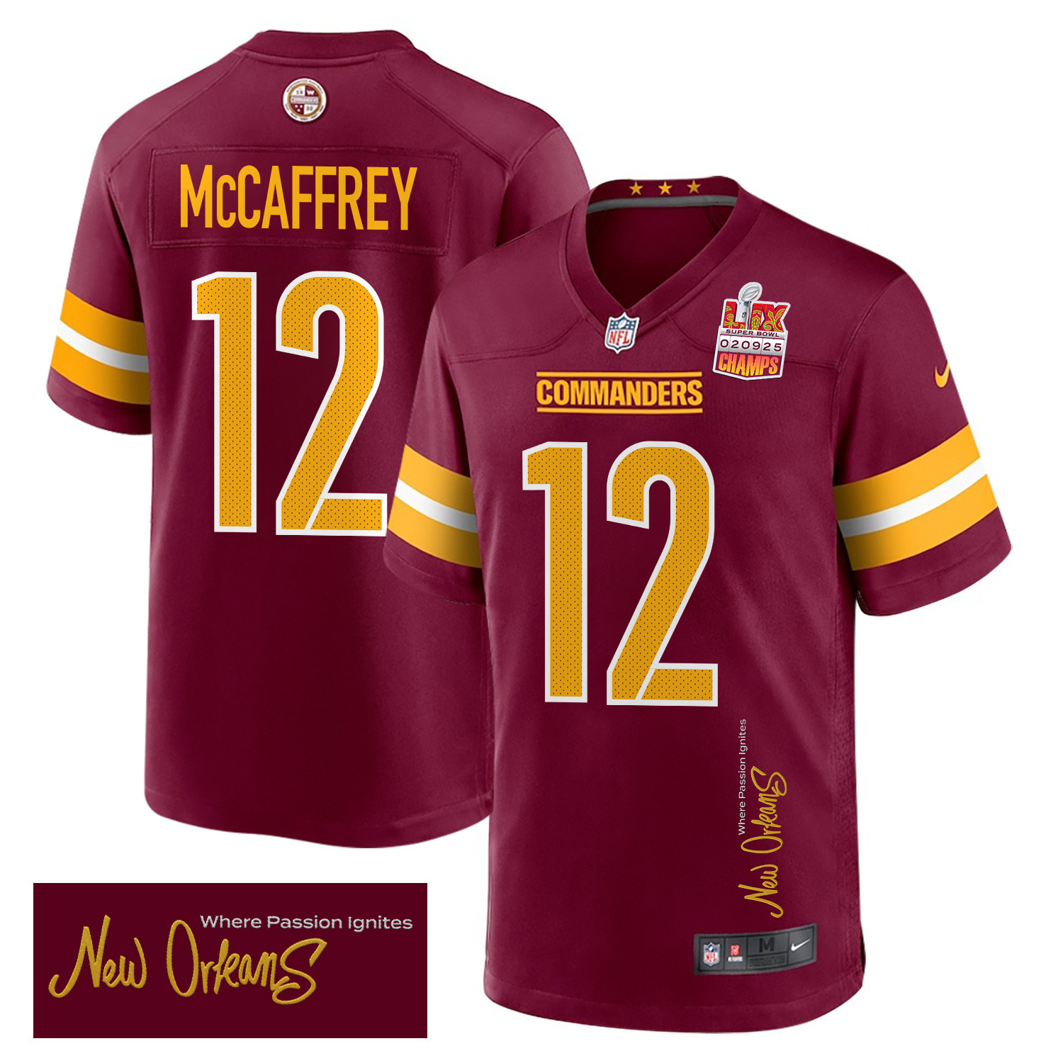 Luke McCaffrey 12 Washington Commanders Super Bowl LIX Champions Patch 'New Orleans - Where Passion Ignites' EMBROIDERED Game Men Jersey - Burgundy JS6144 Saliibo