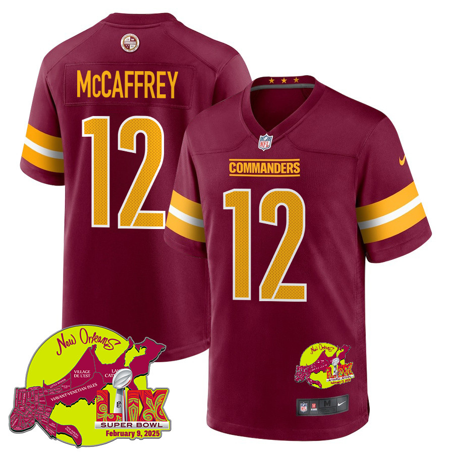 Luke McCaffrey 12 Washington Commanders Super Bowl LIX New Orleans Patch Game Men Jersey - Burgundy JS5266 Saliibo