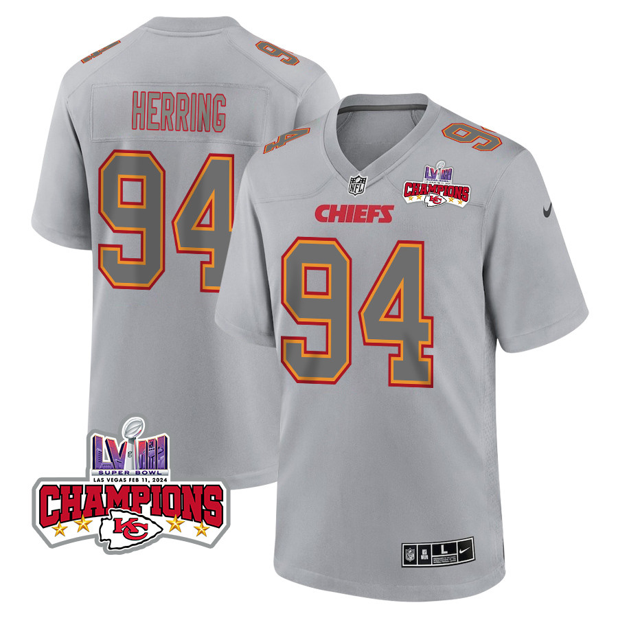Malik Herring 94 Kansas City Chiefs Super Bowl LVIII Champions 4 Stars Patch Atmosphere Fashion Game Men Jersey - Gray JS3993 Saliibo
