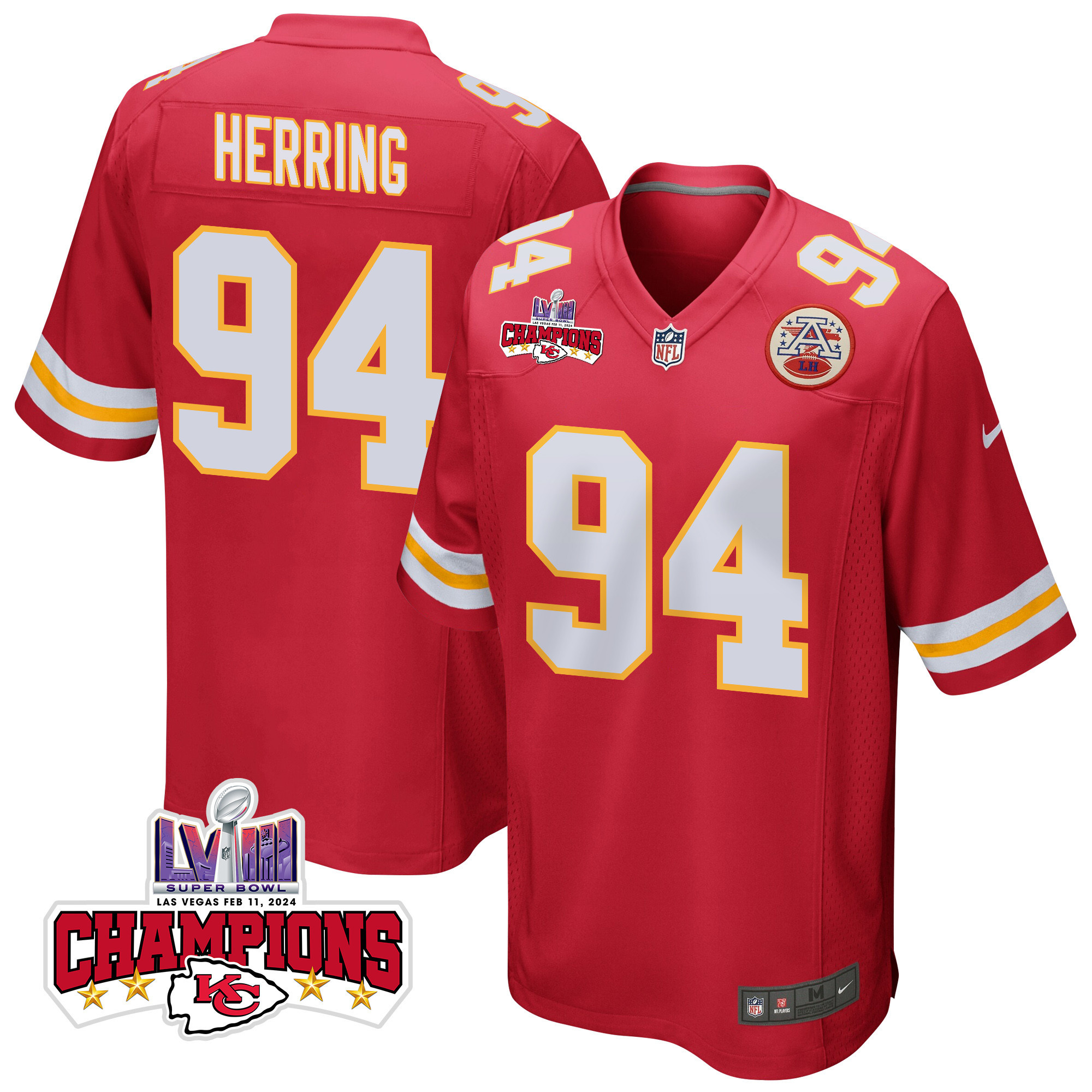 Malik Herring 94 Kansas City Chiefs Super Bowl LVIII Champions 4 Stars Patch Game Men Jersey - Red JS3357 Saliibo
