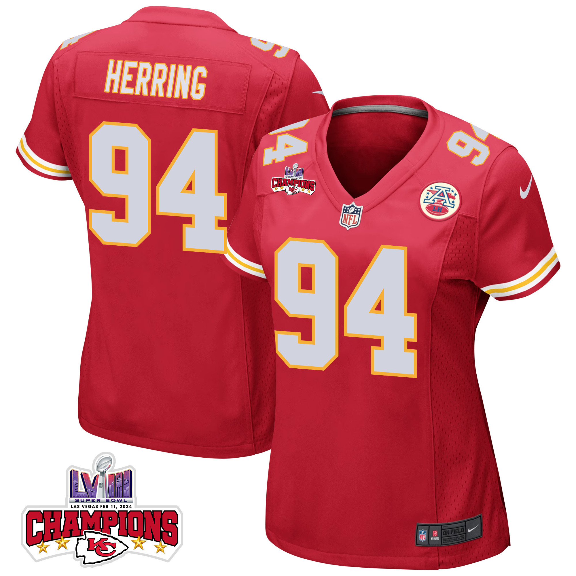 Malik Herring 94 Kansas City Chiefs Super Bowl LVIII Champions 4 Stars Patch Game Women Jersey - Red JS2669 Saliibo