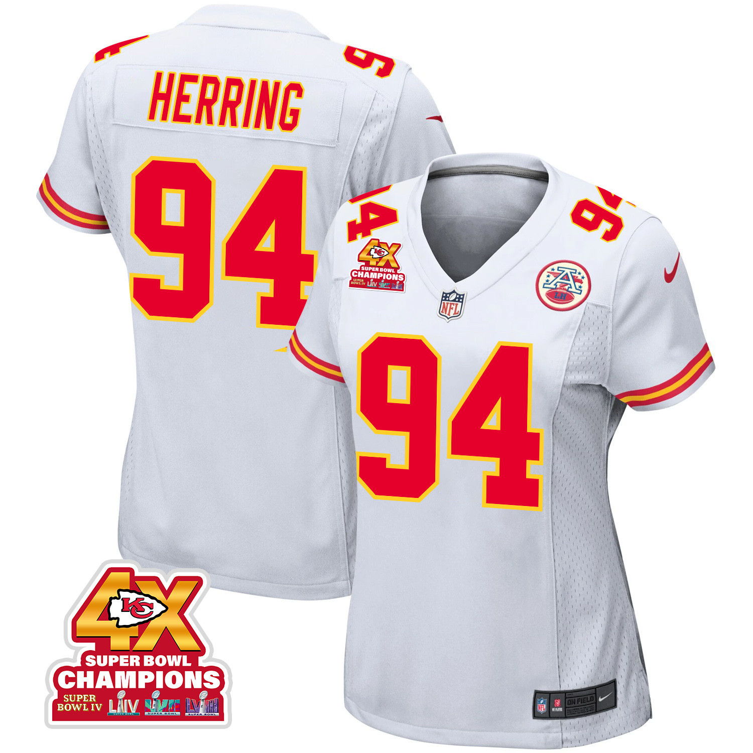 Malik Herring 94 Kansas City Chiefs Super Bowl LVIII Champions 4X Game Women Jersey - White JS5190 Saliibo
