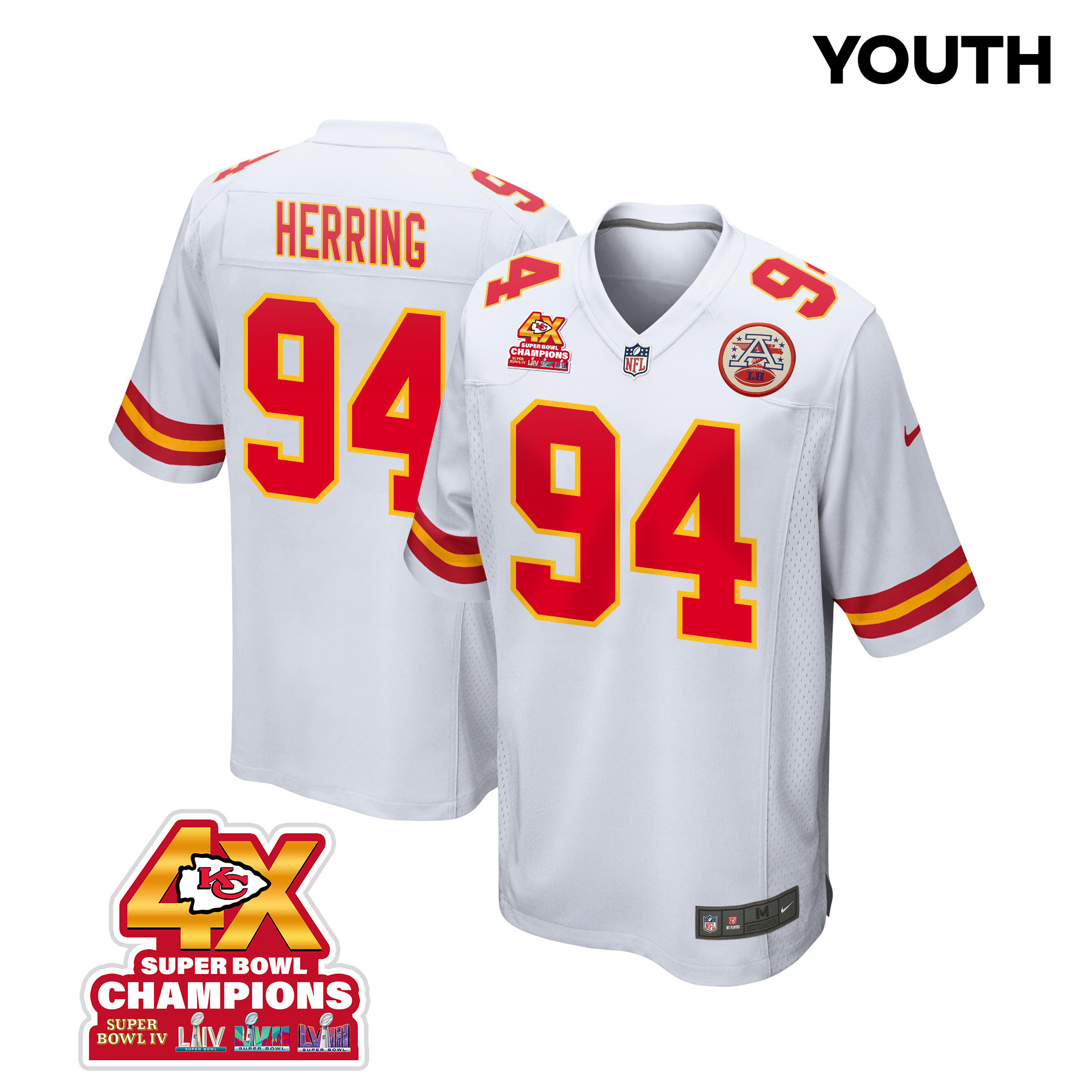 Malik Herring 94 Kansas City Chiefs Super Bowl LVIII Champions 4X Game YOUTH Jersey - White JS5269 Saliibo