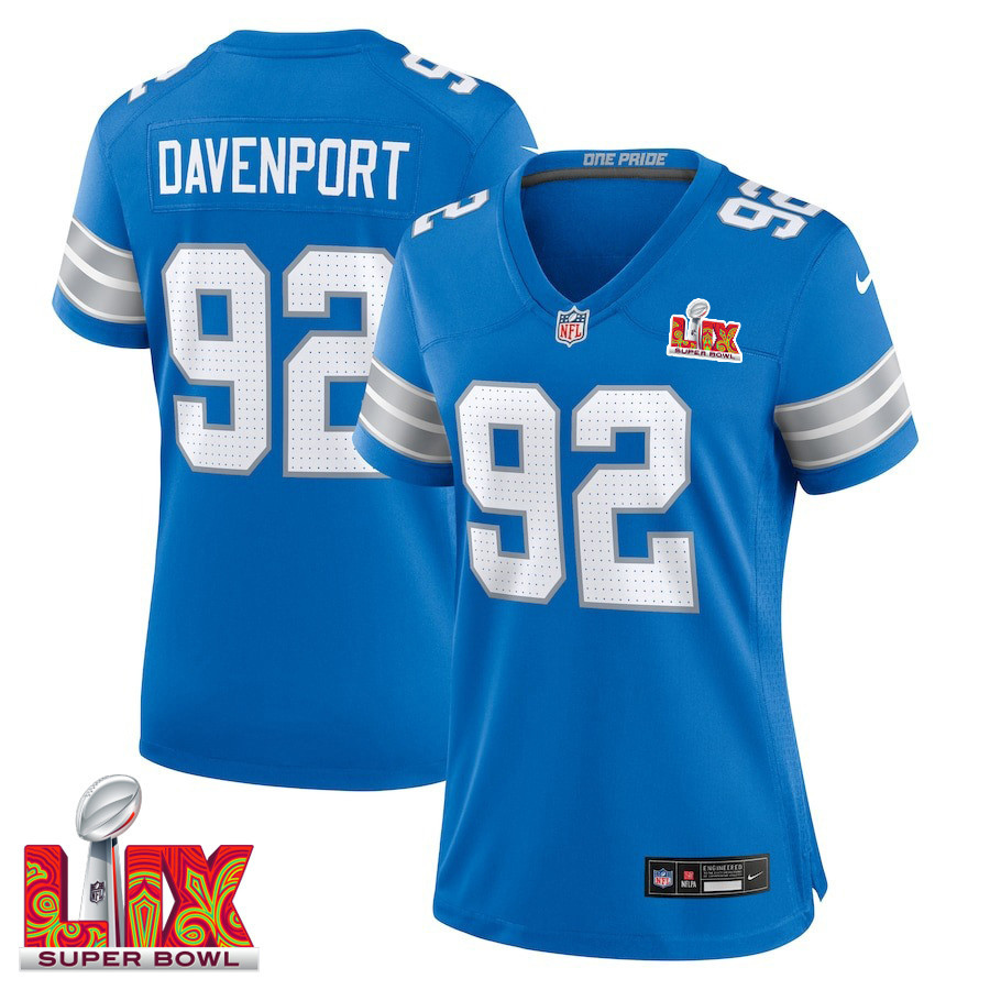 Marcus Davenport #92 Detroit Lions Super Bowl LIX Women's Jersey - Blue JS5475 Saliibo