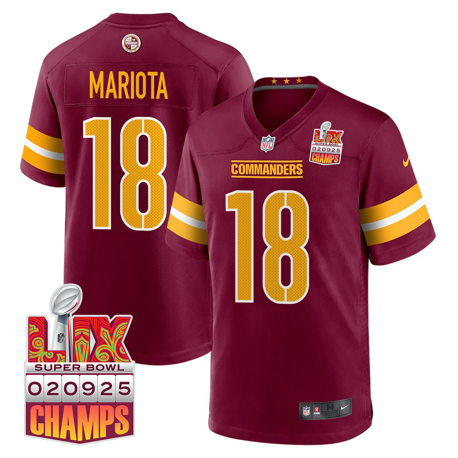 Marcus Mariota 18 Washington Commanders Super Bowl LIX Champions Patch Game Men Jersey - Burgundy JS4957 Saliibo