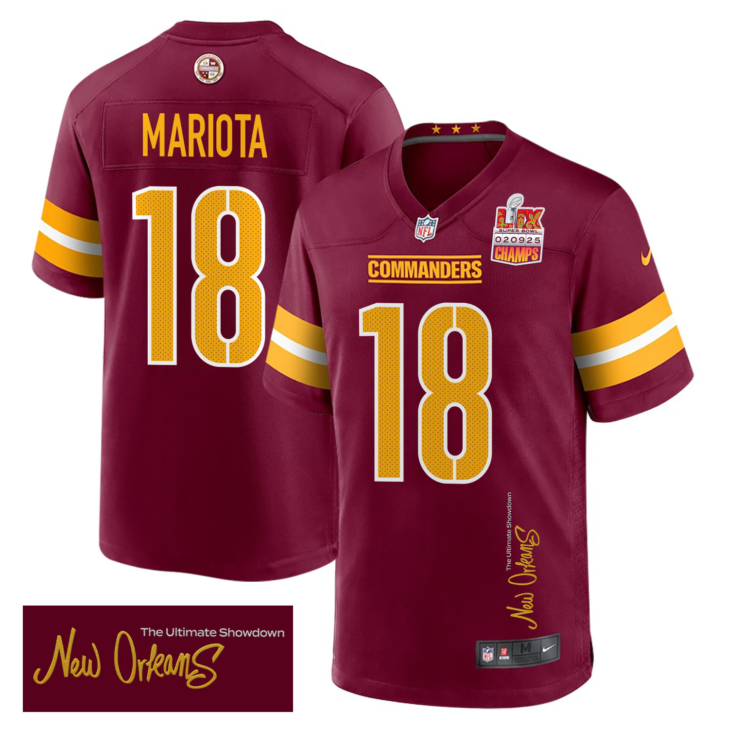 Marcus Mariota 18 Washington Commanders Super Bowl LIX Champions Patch 'New Orleans - The Ultimate Showdown' EMBROIDERED Game Men Jersey - Burgundy JS2285 Saliibo