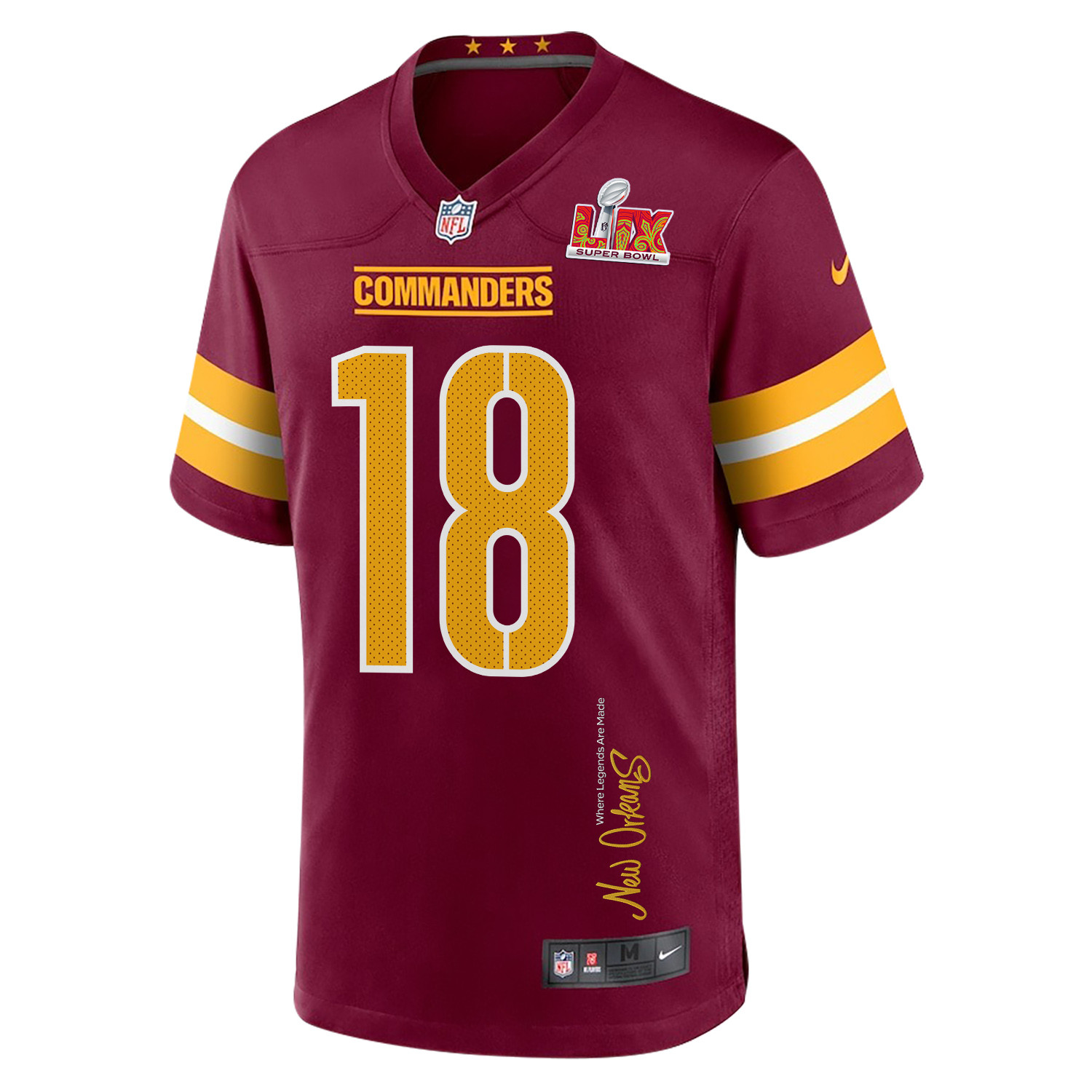 Marcus Mariota 18 Washington Commanders Super Bowl LIX 'New Orleans - Where Legends Are Made' EMBROIDERED Game Men Jersey - Burgundy JS4081 Saliibo - Image 3