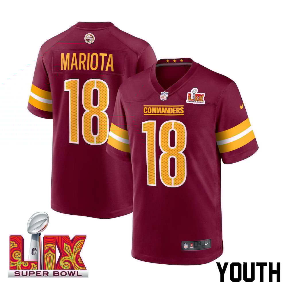 Marcus Mariota #18 Washington Commanders Super Bowl LIX Youth Jersey - Burgundy JS2223 Saliibo
