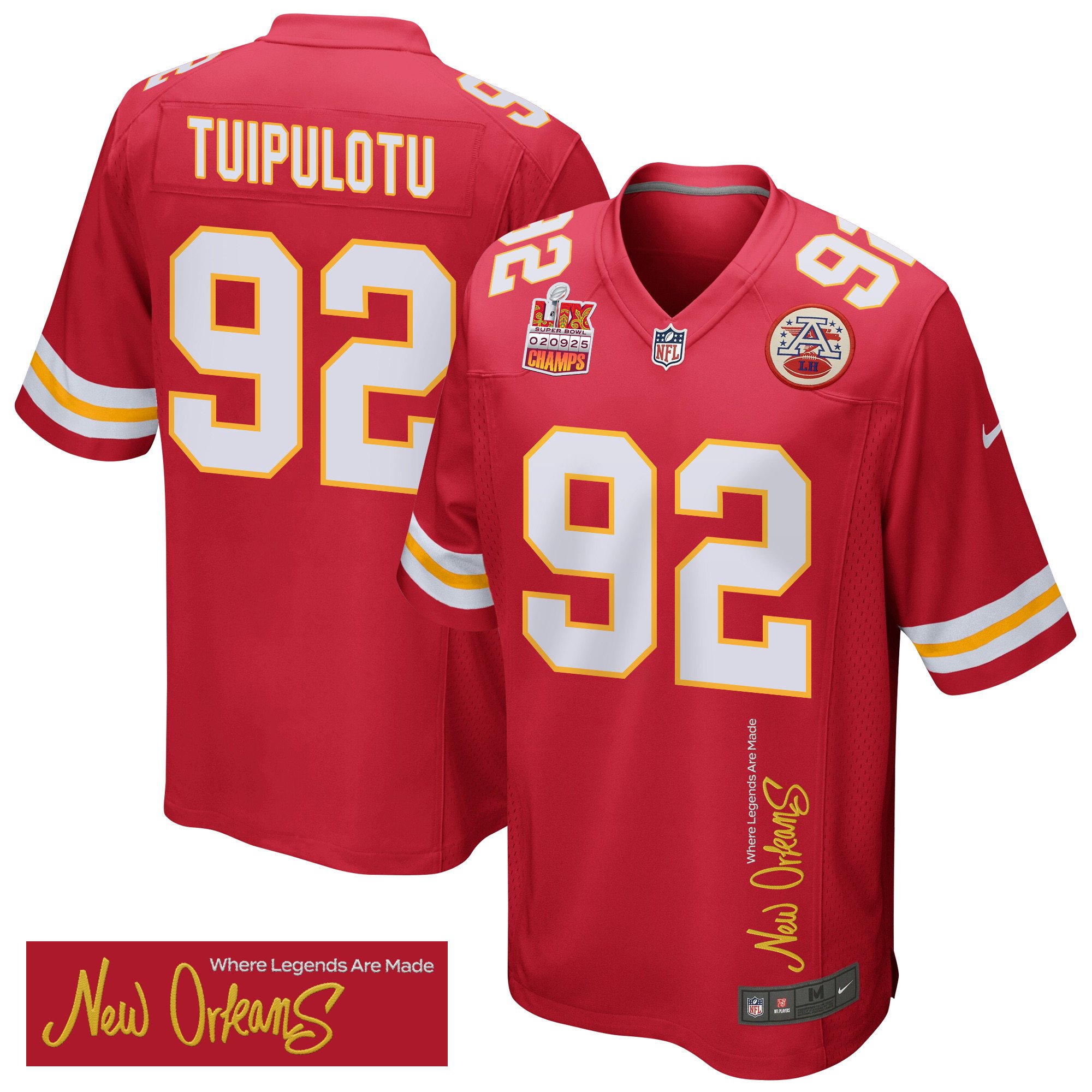 Marlon Tuipulotu 92 Kansas City Chiefs Super Bowl LIX Champions Patch 'New Orleans - Where Legends Are Made' EMBROIDERED Game Men Jersey - Red JS8949 Saliibo