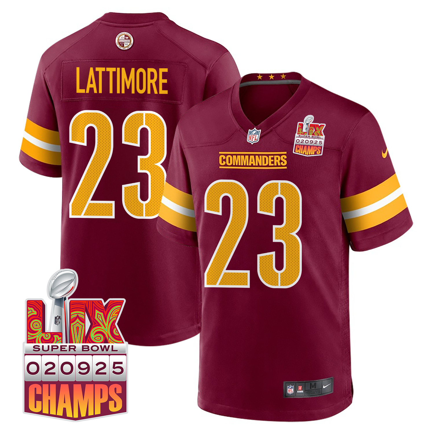Marshon Lattimore 23 Washington Commanders Super Bowl LIX Champions Patch Game Men Jersey - Burgundy JS2013 Saliibo