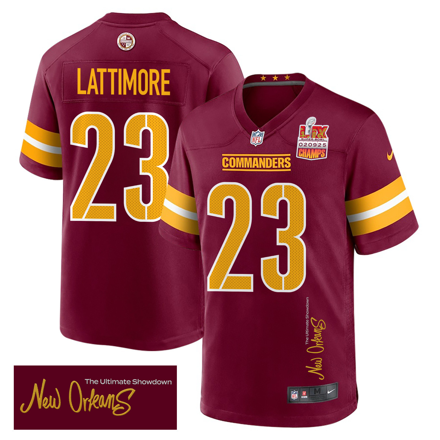 Marshon Lattimore 23 Washington Commanders Super Bowl LIX Champions Patch 'New Orleans - The Ultimate Showdown' EMBROIDERED Game Men Jersey - Burgundy JS8626 Saliibo