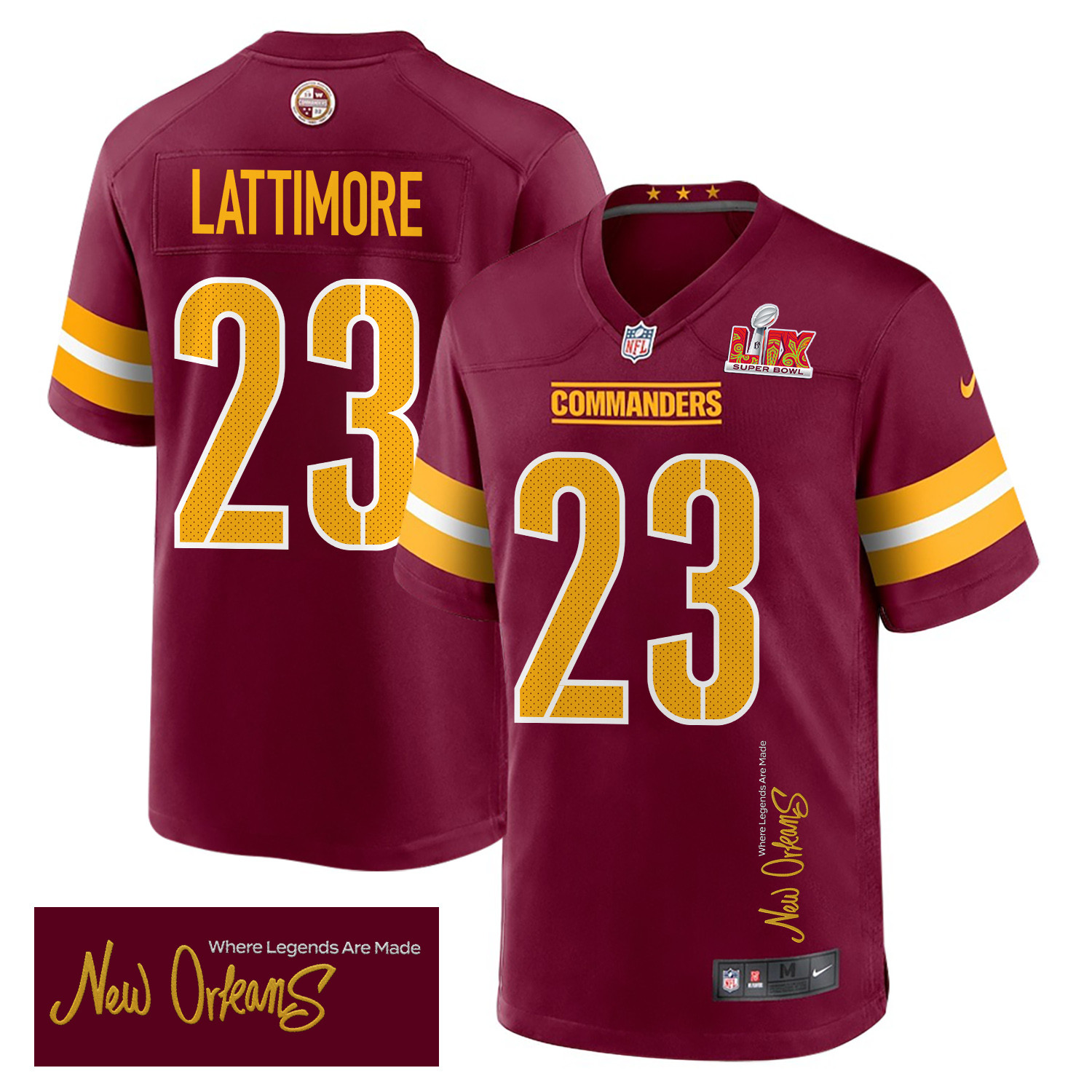 Marshon Lattimore 23 Washington Commanders Super Bowl LIX 'New Orleans - Where Legends Are Made' EMBROIDERED Game Men Jersey - Burgundy JS2441 Saliibo