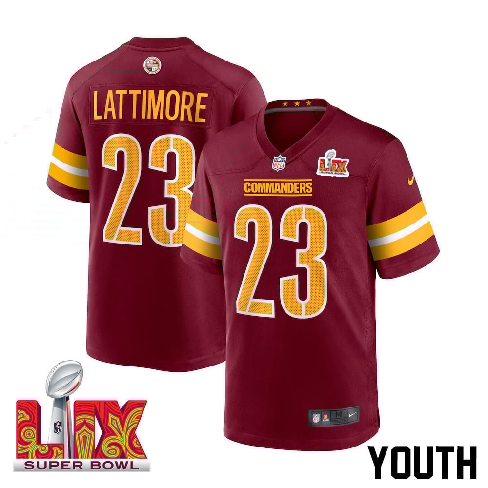 Marshon Lattimore #23 Washington Commanders Super Bowl LIX Youth Jersey - Burgundy JS9780 Saliibo