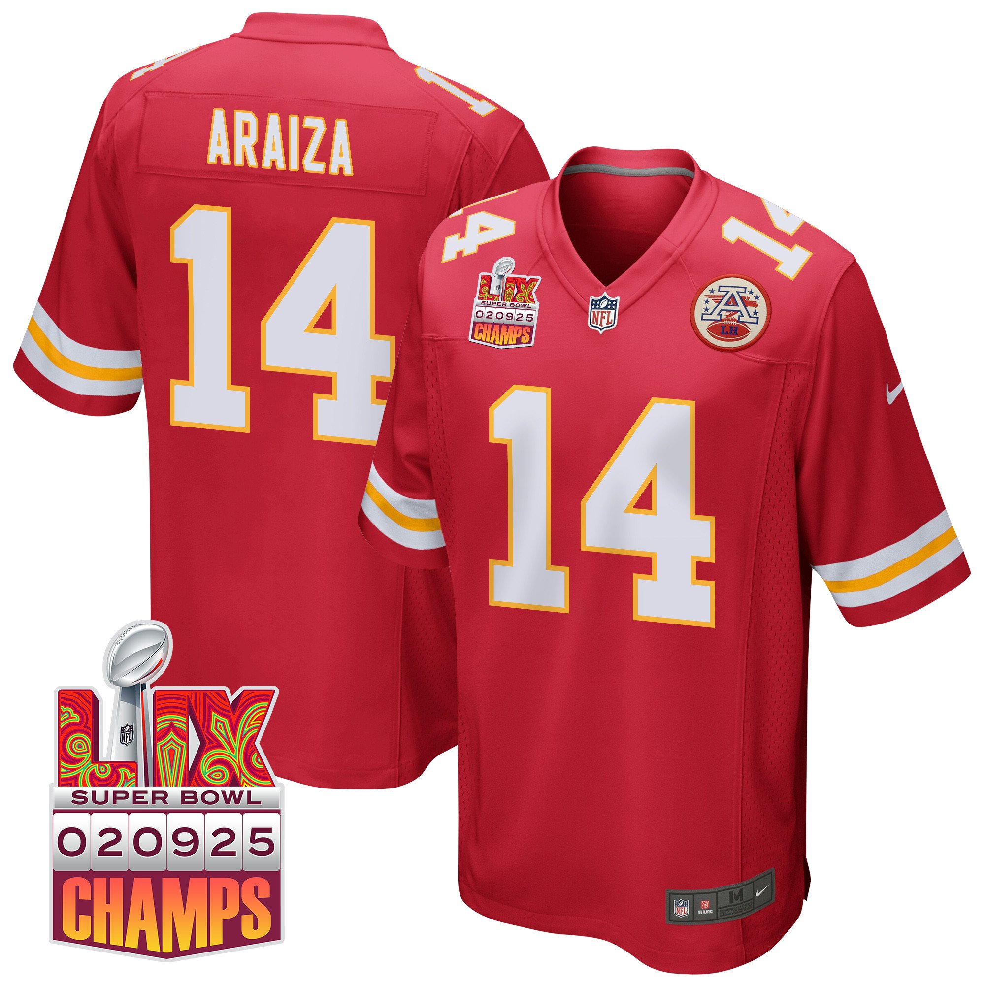 Matt Araiza 14 Kansas City Chiefs Super Bowl LIX Champions Patch Game Men Jersey - Red JS6085 Saliibo