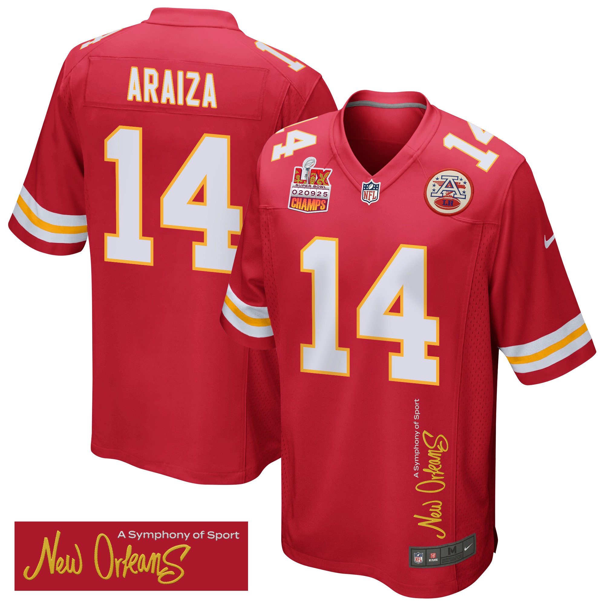 Matt Araiza 14 Kansas City Chiefs Super Bowl LIX Champions Patch 'New Orleans - A Symphony of Sport' EMBROIDERED Game Men Jersey - Red JS6964 Saliibo