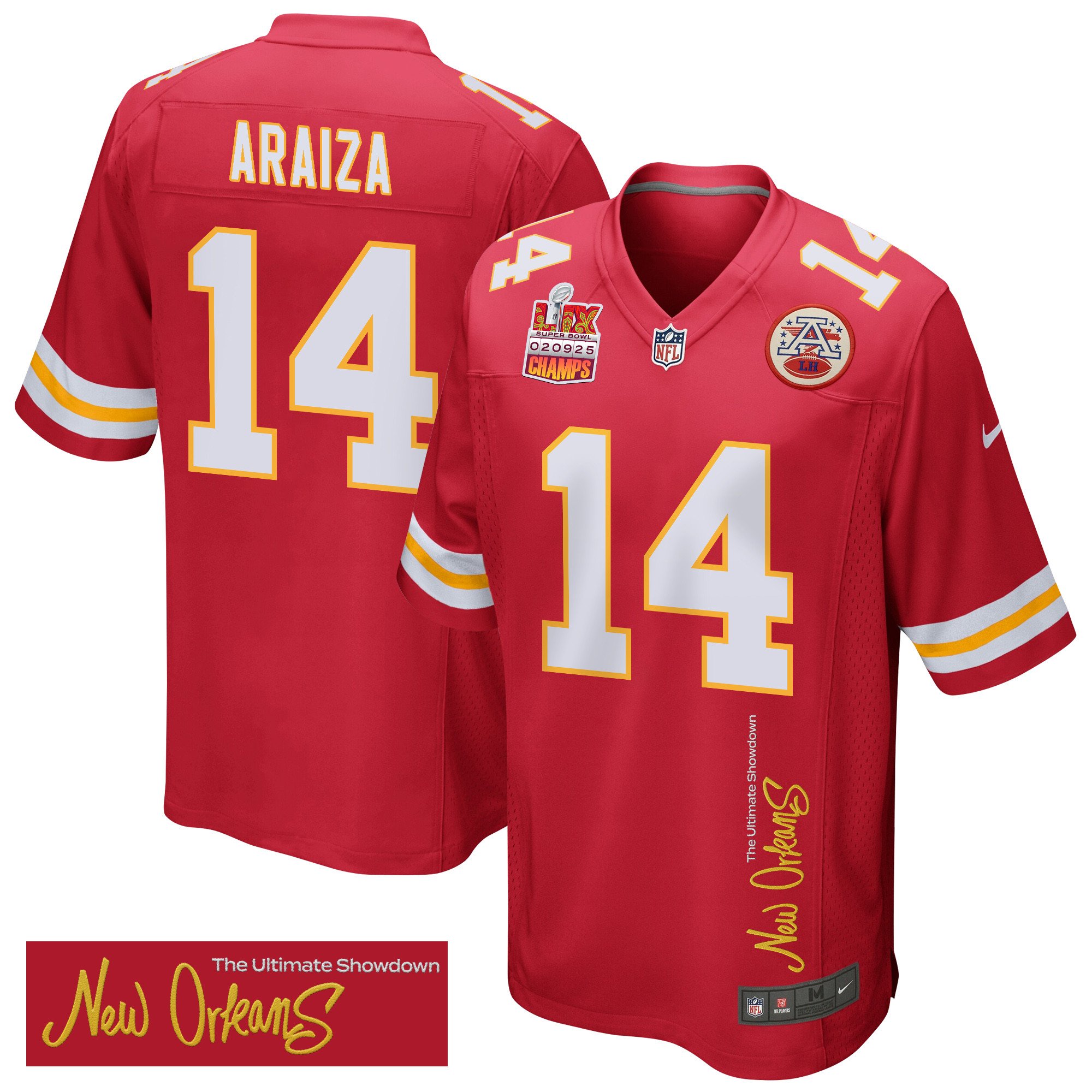 Matt Araiza 14 Kansas City Chiefs Super Bowl LIX Champions Patch 'New Orleans - The Ultimate Showdown' EMBROIDERED Game Men Jersey - Red JS6691 Saliibo