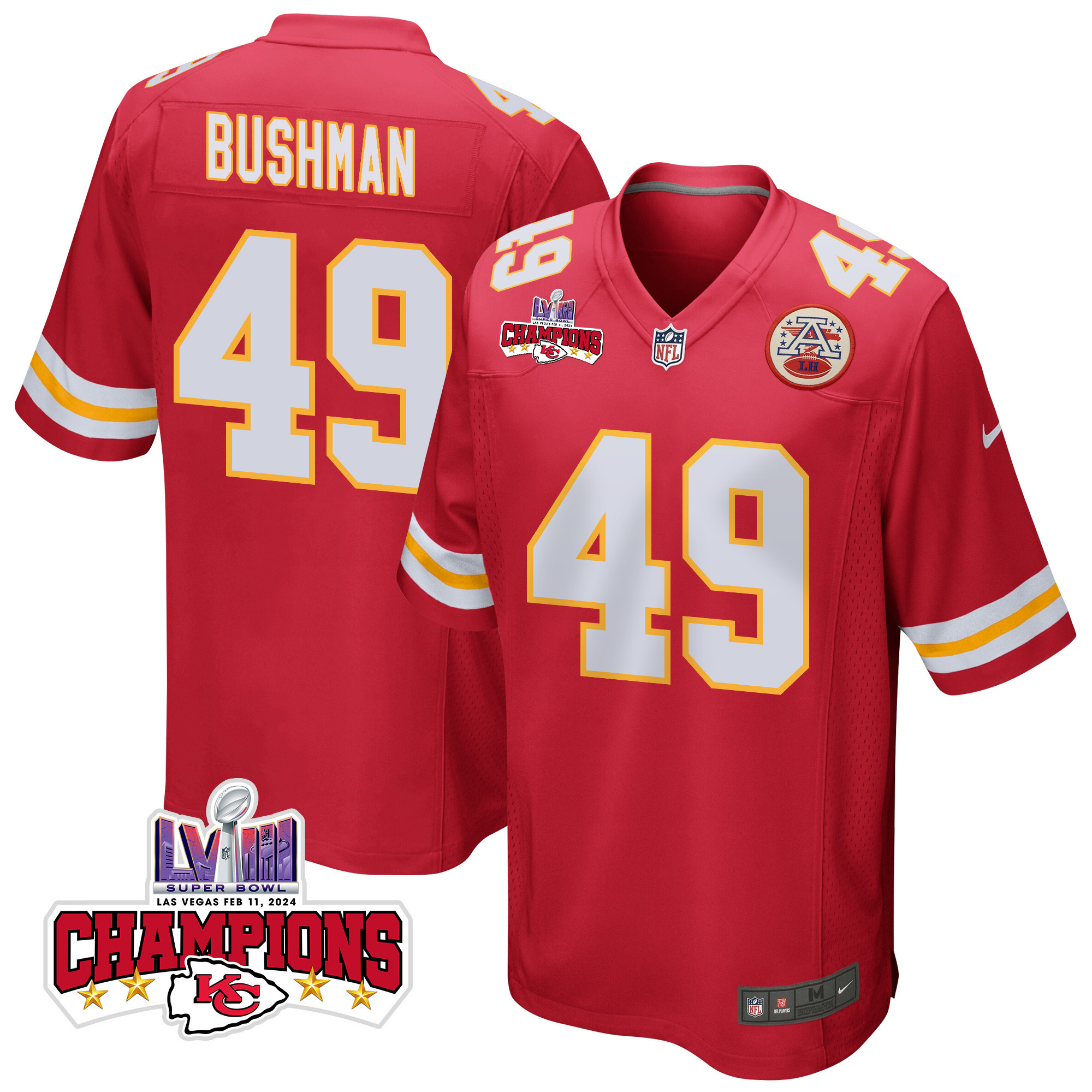 Matt Bushman 49 Kansas City Chiefs Super Bowl LVIII Champions 4 Stars Patch Game Men Jersey - Red JS3320 Saliibo