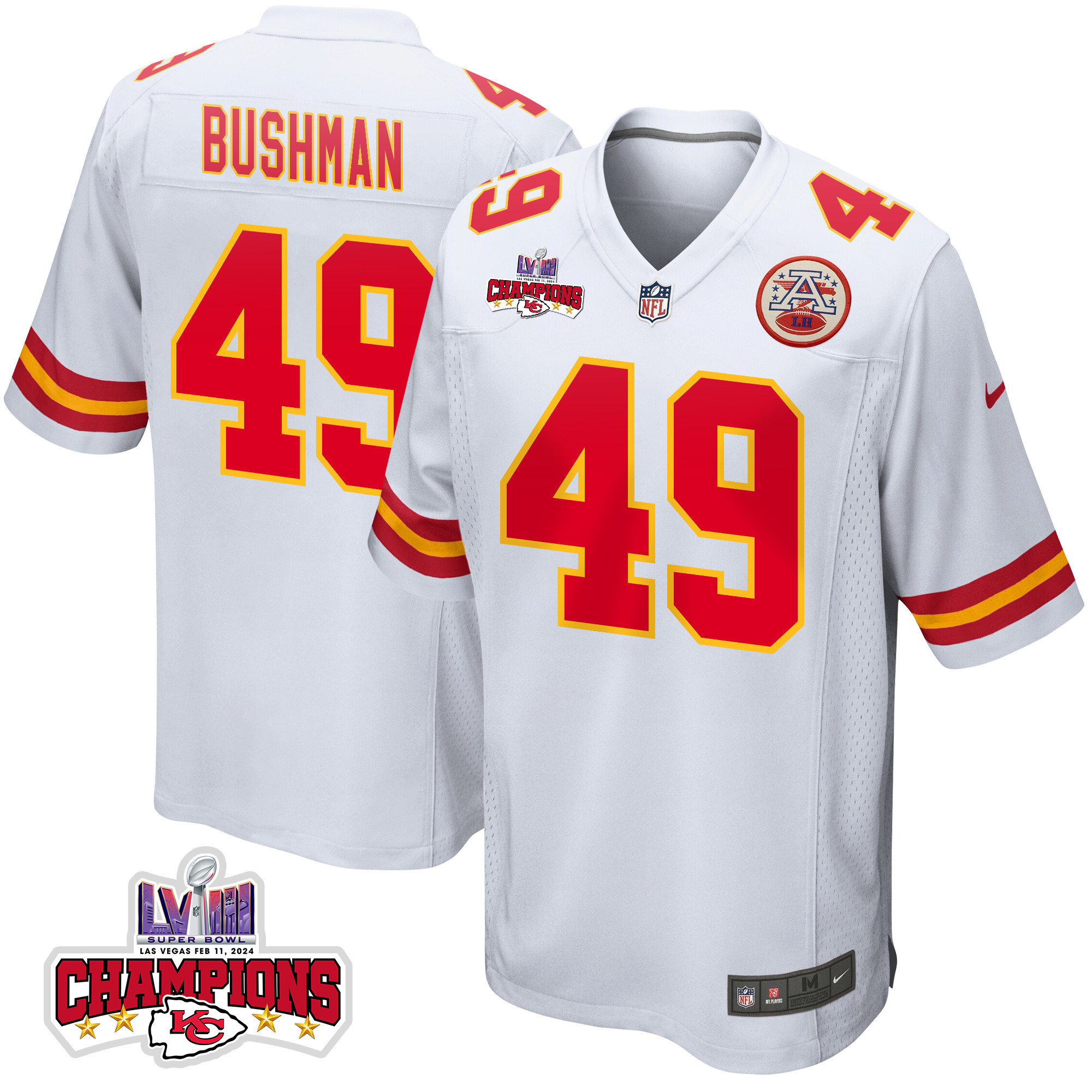 Matt Bushman 49 Kansas City Chiefs Super Bowl LVIII Champions 4 Stars Patch Game Men Jersey - White JS2015 Saliibo