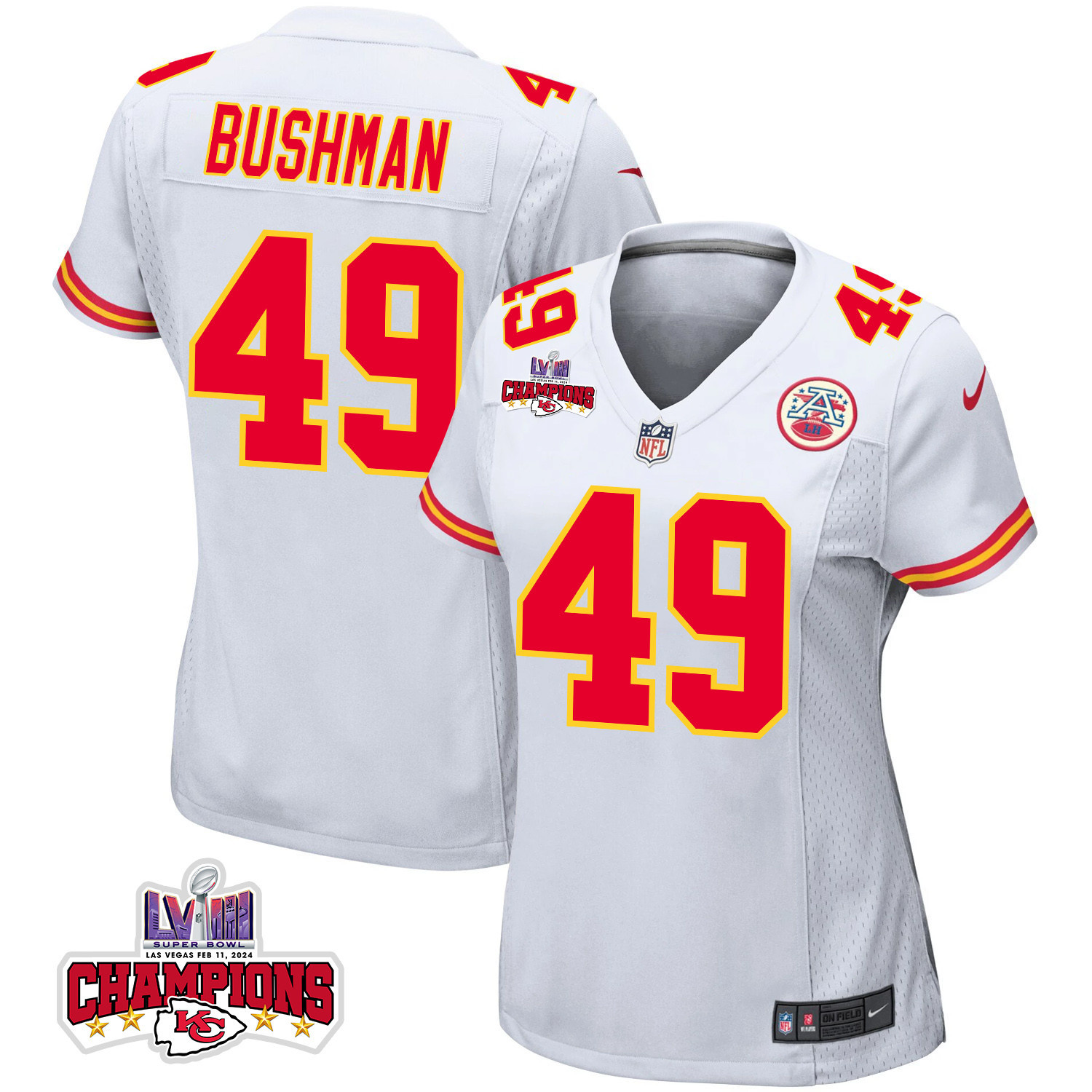 Matt Bushman 49 Kansas City Chiefs Super Bowl LVIII Champions 4 Stars Patch Game Women Jersey - White JS2913 Saliibo