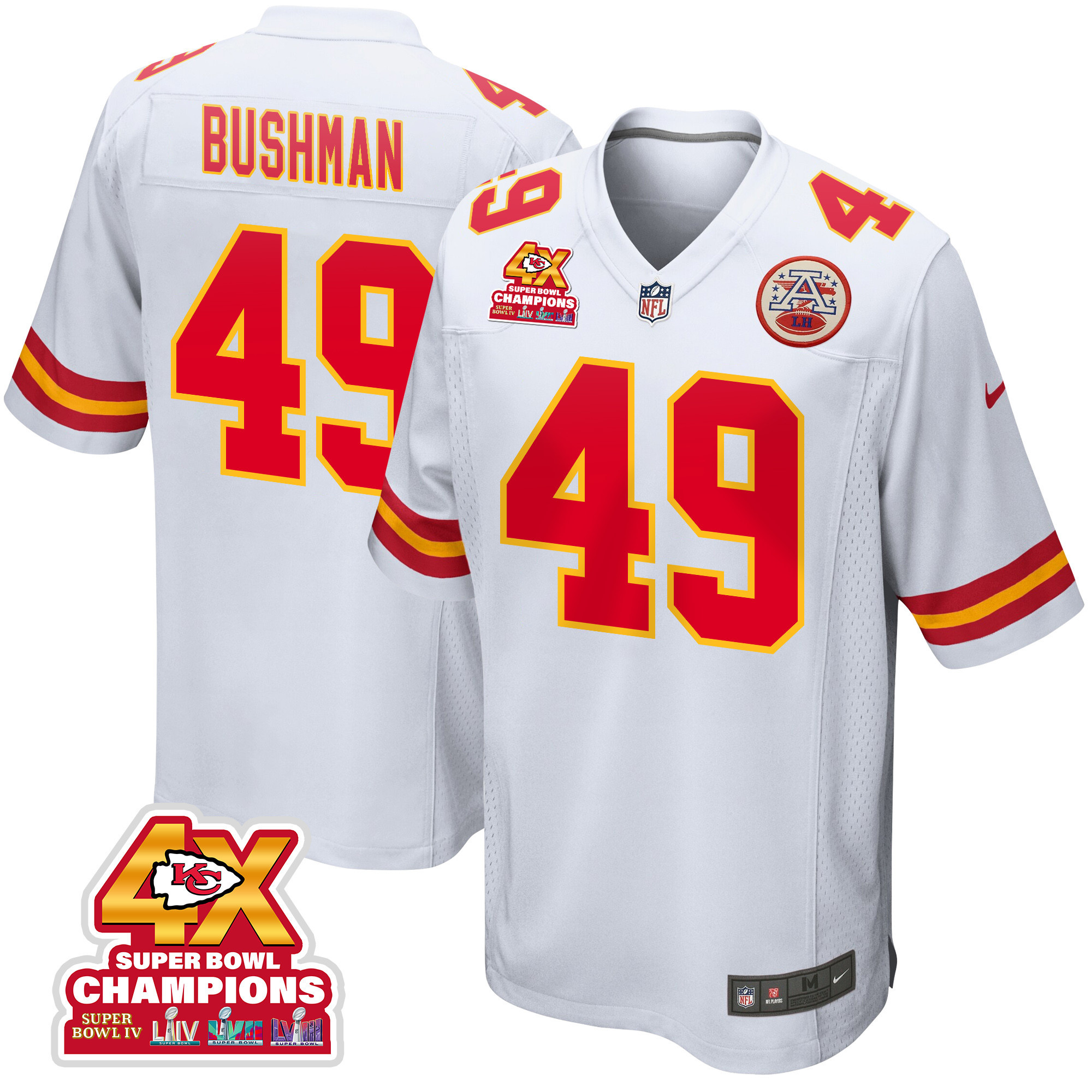 Matt Bushman 49 Kansas City Chiefs Super Bowl LVIII Champions 4X Game Men Jersey - White JS4433 Saliibo