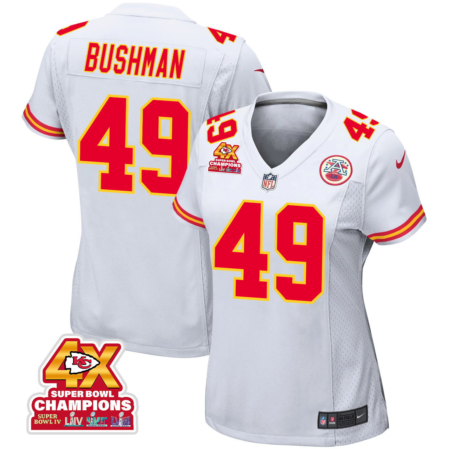 Matt Bushman 49 Kansas City Chiefs Super Bowl LVIII Champions 4X Game Women Jersey - White JS2004 Saliibo