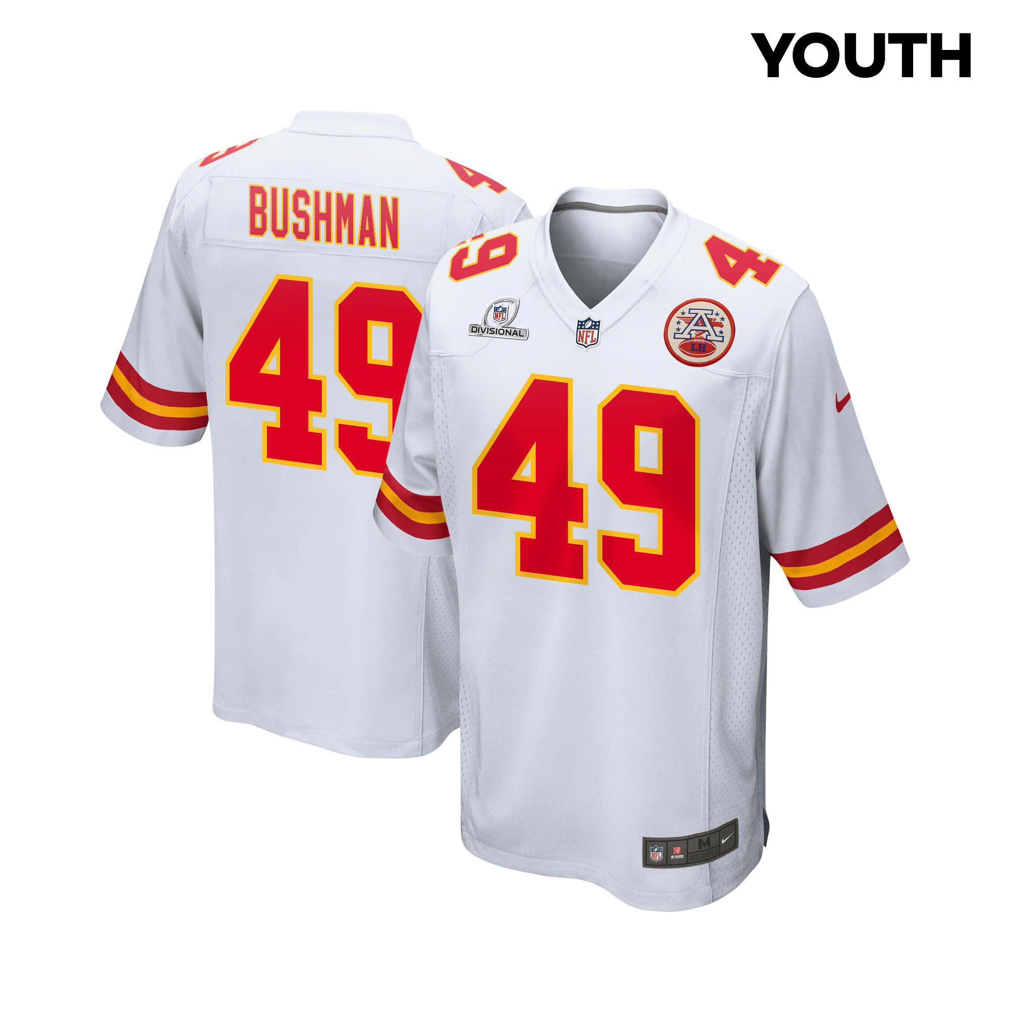 Matt Bushman 49 Kansas City Chiefs Super Bowl LVIII Patch Game YOUTH Jersey - White JS9675 Saliibo