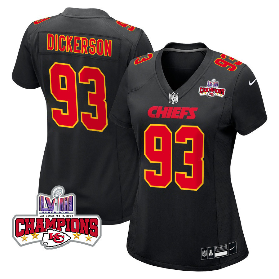 Matt Dickerson 93 Kansas City Chiefs Super Bowl LVIII Champions 4 Stars Patch Fashion Game Women Jersey - Carbon Black JS2855 Saliibo
