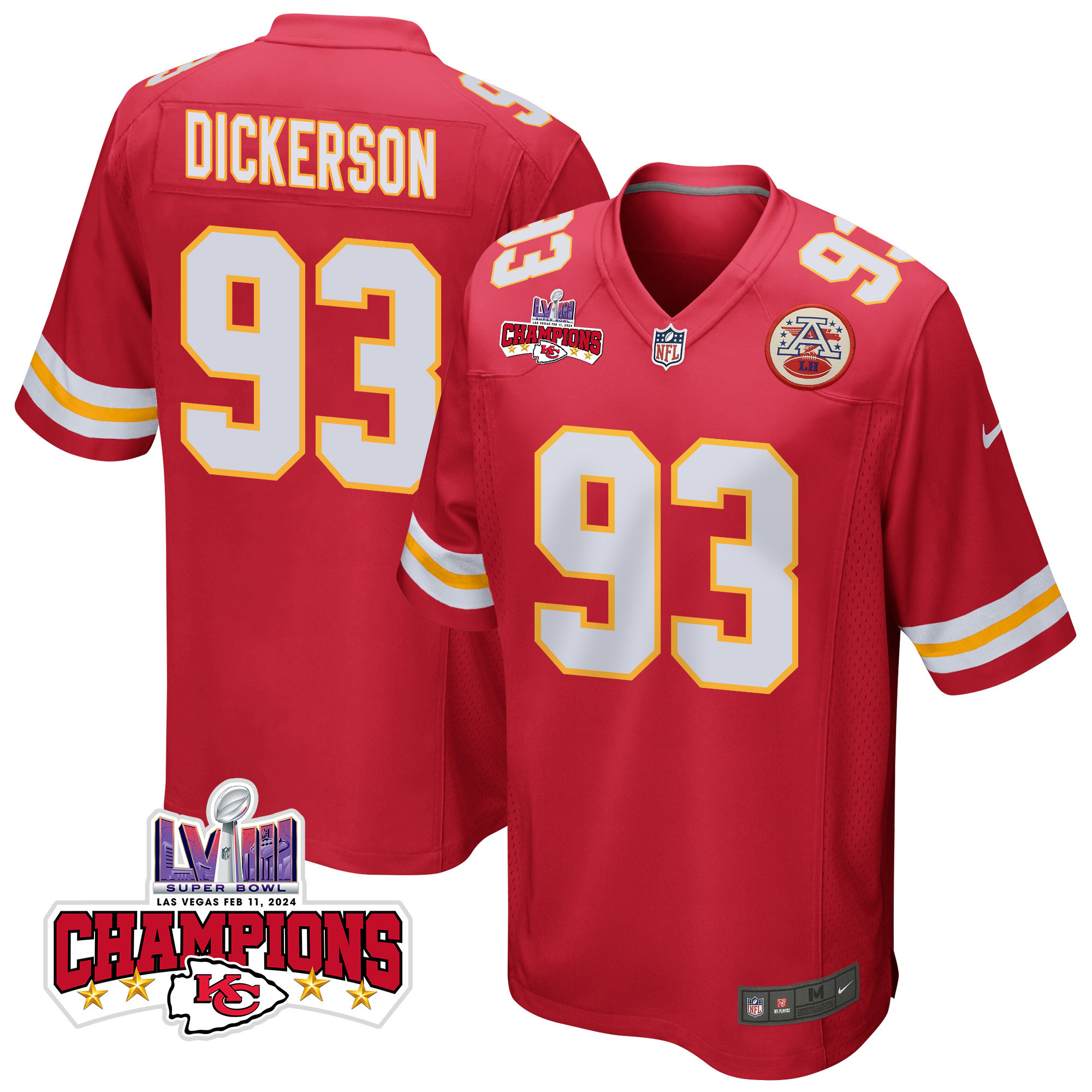 Matt Dickerson 93 Kansas City Chiefs Super Bowl LVIII Champions 4 Stars Patch Game Men Jersey - Red JS9403 Saliibo