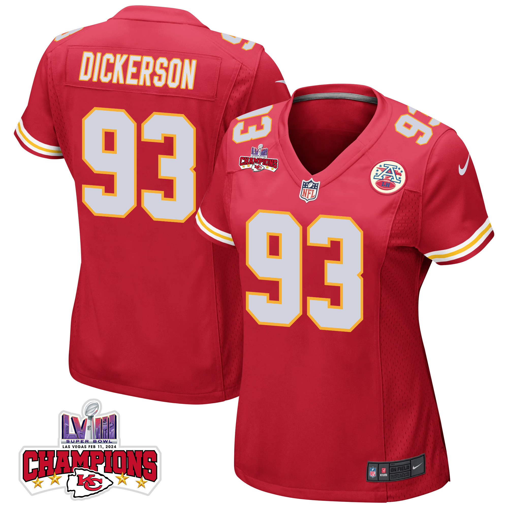Matt Dickerson 93 Kansas City Chiefs Super Bowl LVIII Champions 4 Stars Patch Game Women Jersey - Red JS4041 Saliibo