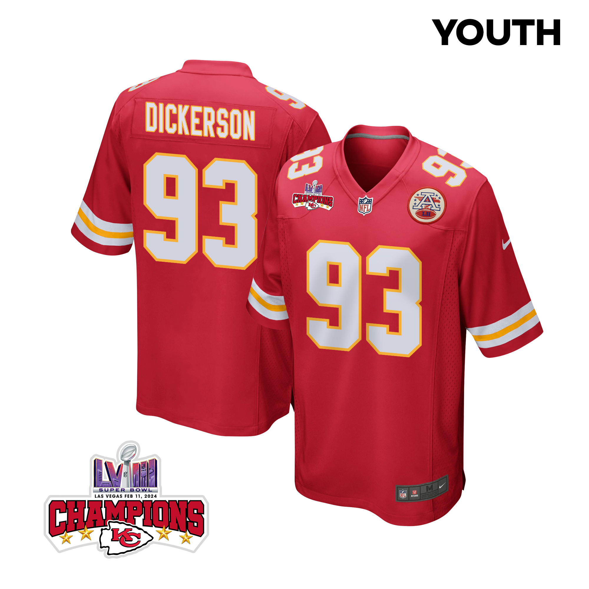 Matt Dickerson 93 Kansas City Chiefs Super Bowl LVIII Champions 4 Stars Patch Game YOUTH Jersey - Red JS3565 Saliibo