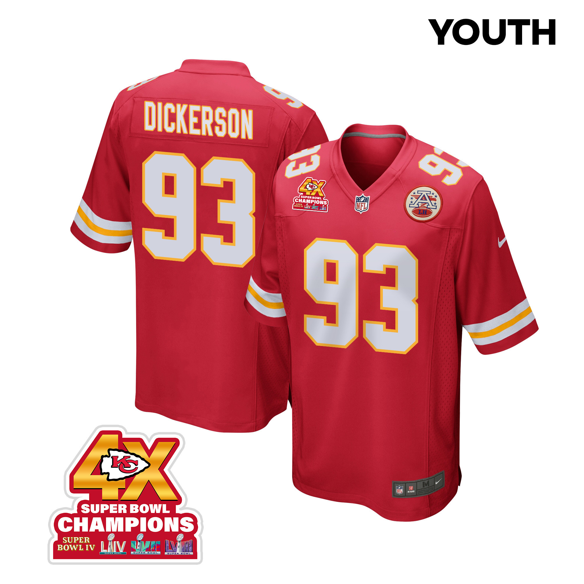 Matt Dickerson 93 Kansas City Chiefs Super Bowl LVIII Champions 4X Game YOUTH Jersey - Red JS3476 Saliibo