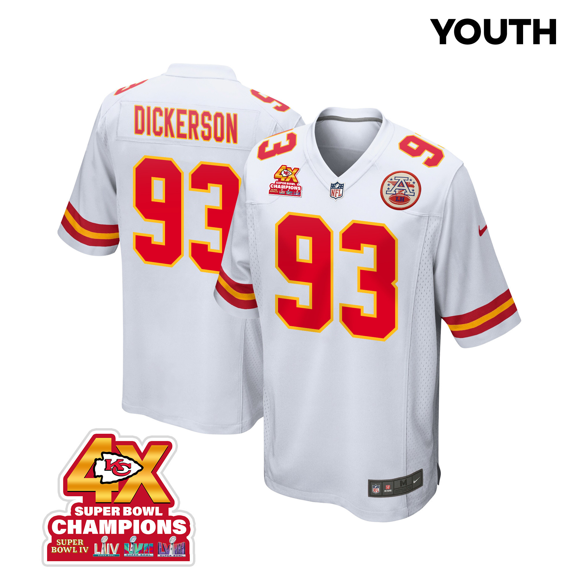 Matt Dickerson 93 Kansas City Chiefs Super Bowl LVIII Champions 4X Game YOUTH Jersey - White JS2018 Saliibo