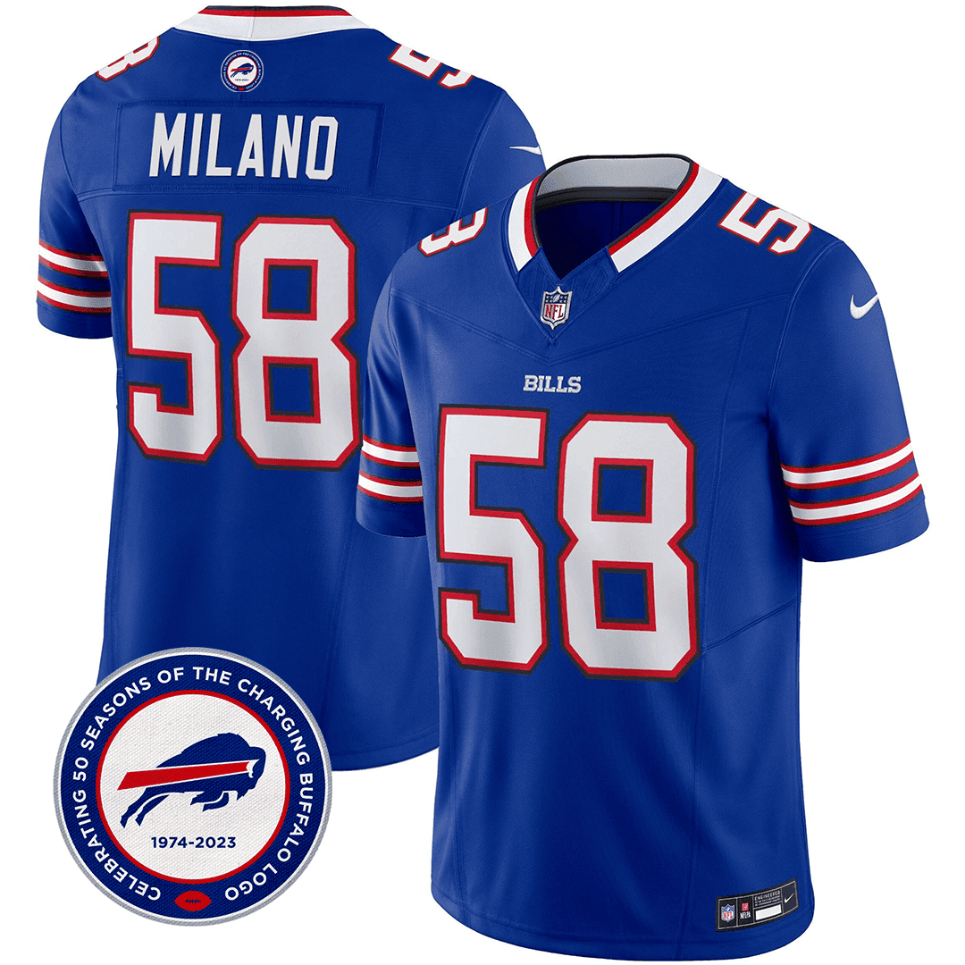 Matt Milano 58 Buffalo Bills 50th Charging Logo Patch Game Men Jersey - Royal JS4434 Saliibo