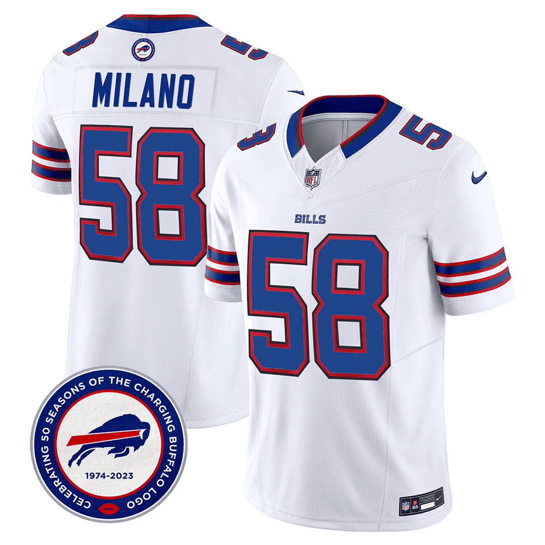 Matt Milano 58 Buffalo Bills 50th Charging Logo Patch Game Men Jersey - White JS1828 Saliibo