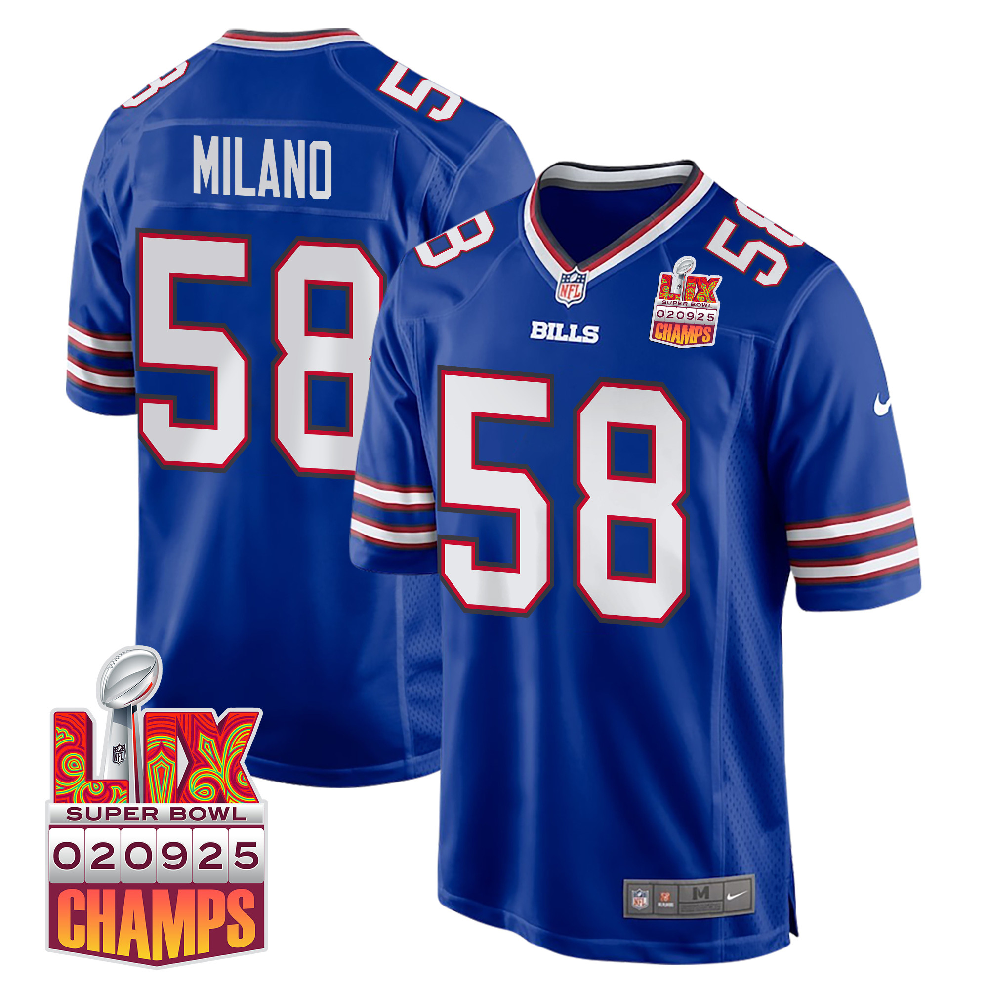 Matt Milano 58 Buffalo Bills Super Bowl LIX Champions Patch Game Men Jersey - Royal JS8099 Saliibo