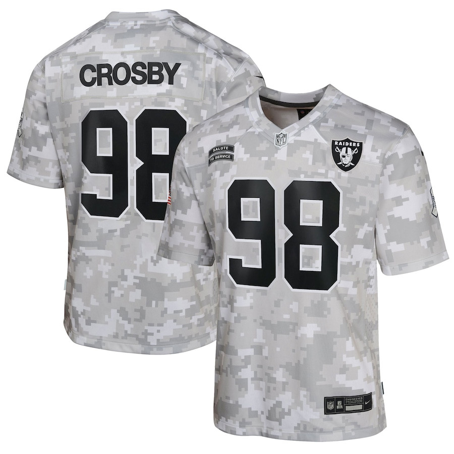 Maxx Crosby 98 Las Vegas Raiders 2024 Salute to Service Game YOUTH Jersey - Arctic Camo JS1517 Saliibo