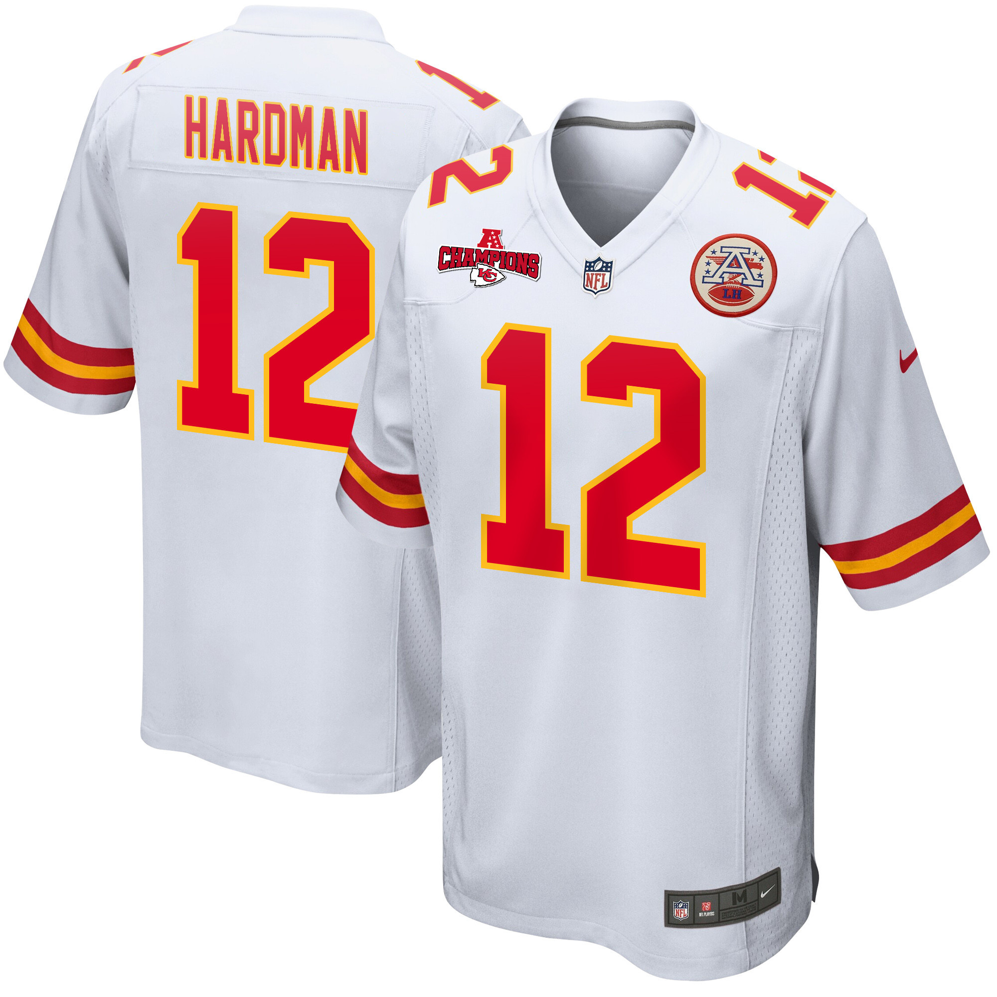 Mecole Hardman 12 Kansas City Chiefs AFC Champions Patch Game Men Jersey - White JS8906 Saliibo