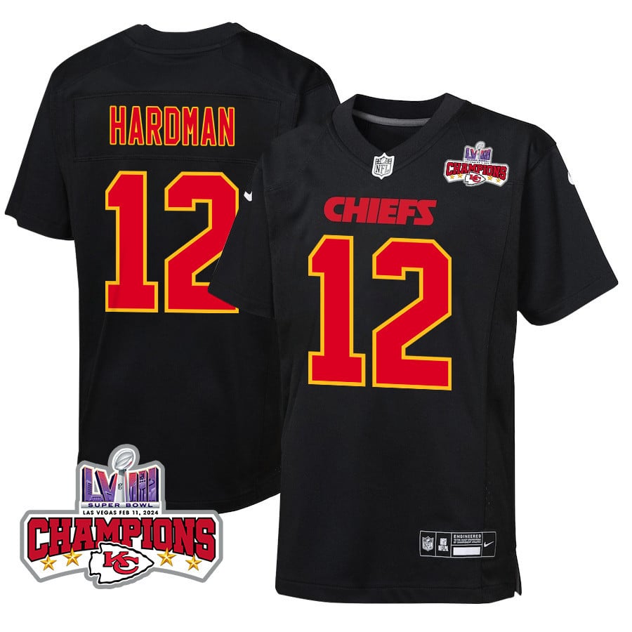 Mecole Hardman 12 Kansas City Chiefs Super Bowl LVIII Champions 4 Stars Patch Fashion Game YOUTH Jersey - Carbon Black JS8084 Saliibo