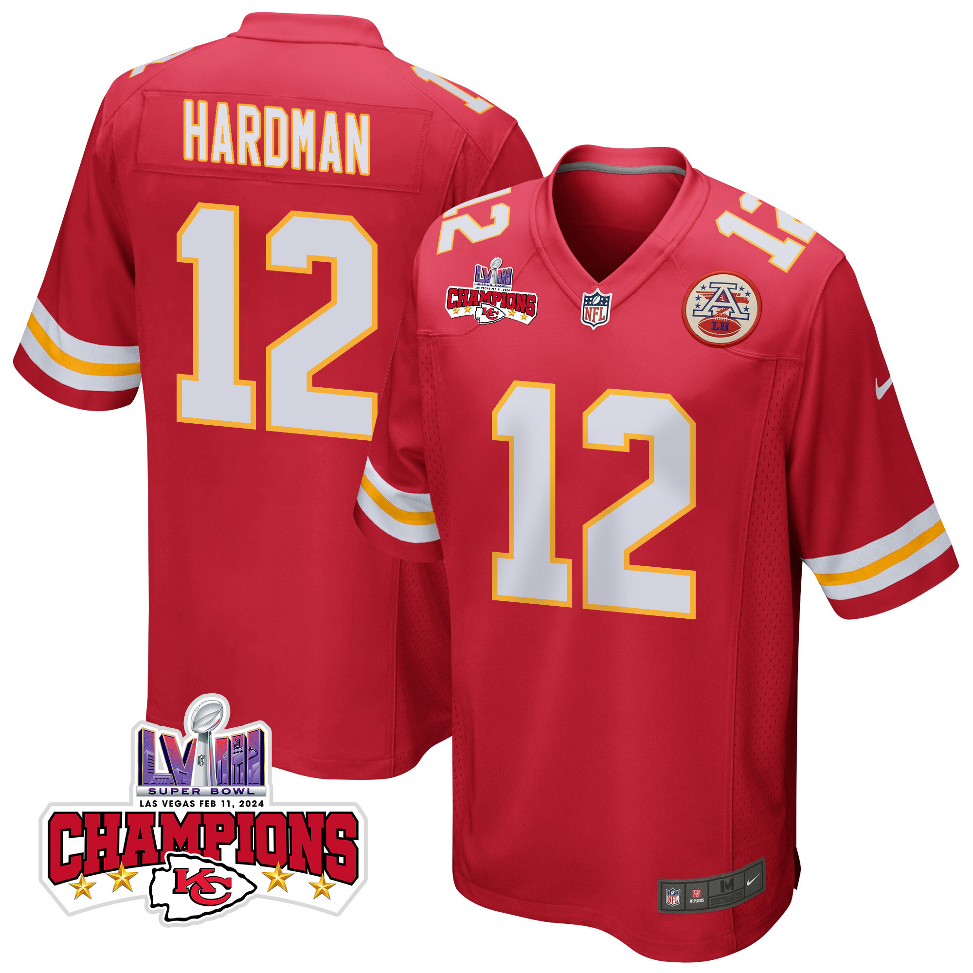 Mecole Hardman 12 Kansas City Chiefs Super Bowl LVIII Champions 4 Stars Patch Game Men Jersey - Red JS3105 Saliibo