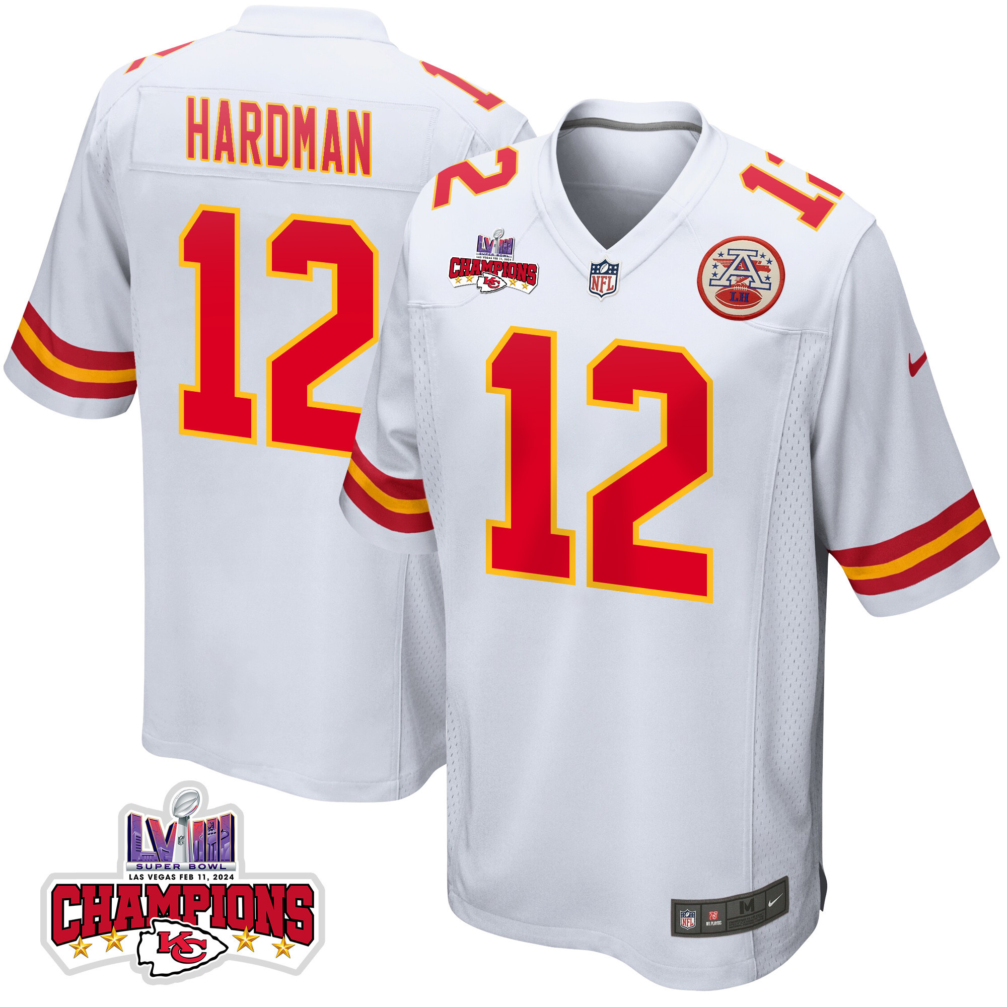 Mecole Hardman 12 Kansas City Chiefs Super Bowl LVIII Champions 4 Stars Patch Game Men Jersey - White JS2959 Saliibo
