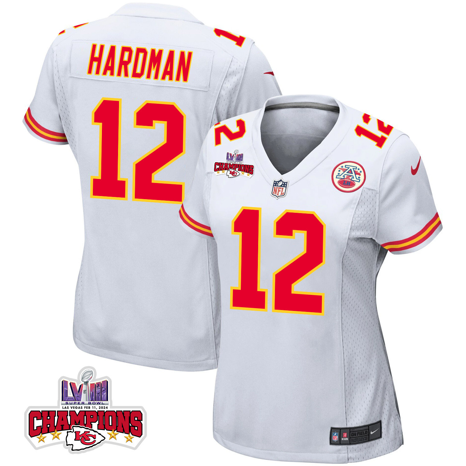 Mecole Hardman 12 Kansas City Chiefs Super Bowl LVIII Champions 4 Stars Patch Game Women Jersey - White JS9636 Saliibo