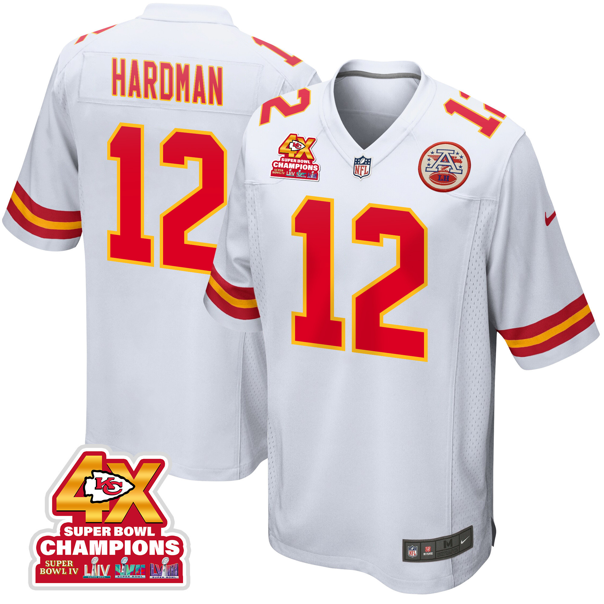 Mecole Hardman 12 Kansas City Chiefs Super Bowl LVIII Champions 4X Game Men Jersey - White JS8901 Saliibo