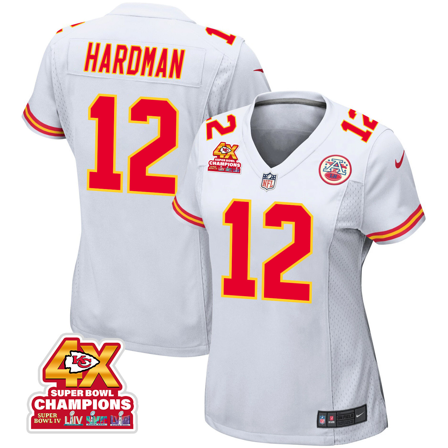 Mecole Hardman 12 Kansas City Chiefs Super Bowl LVIII Champions 4X Game Women Jersey - White JS7215 Saliibo
