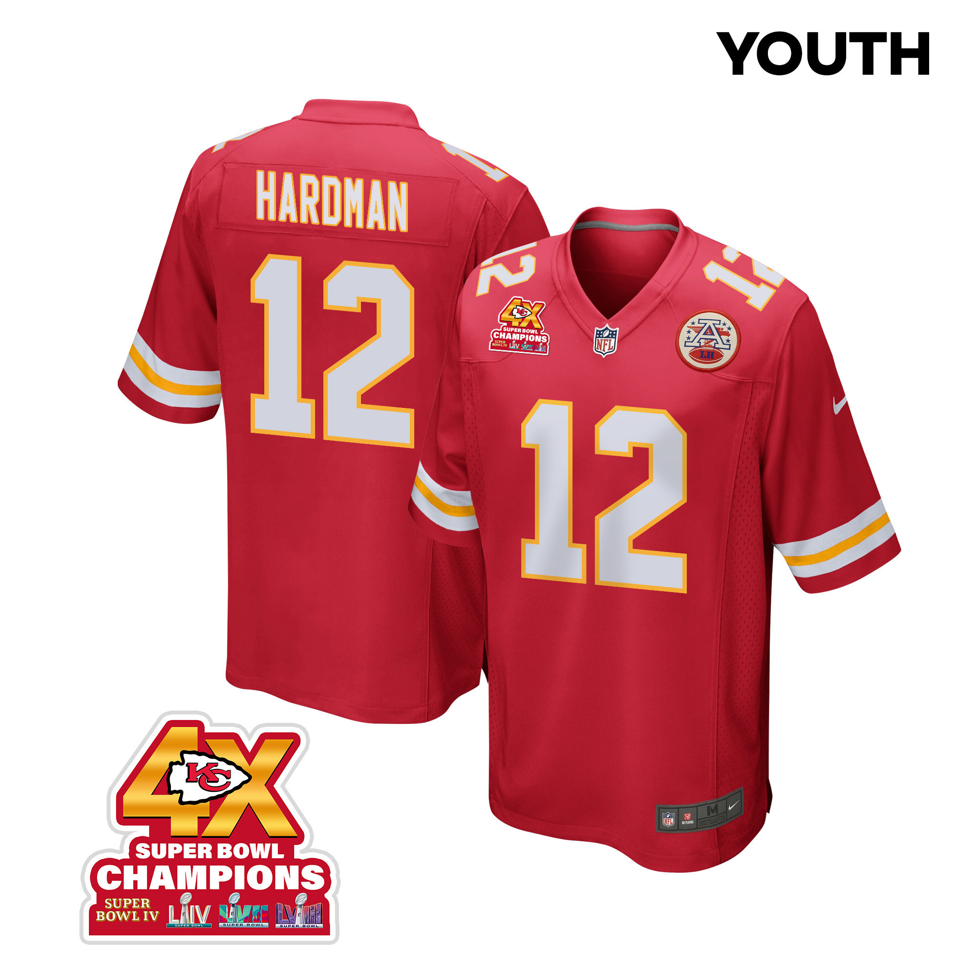 Mecole Hardman 12 Kansas City Chiefs Super Bowl LVIII Champions 4X Game YOUTH Jersey - Red JS4282 Saliibo