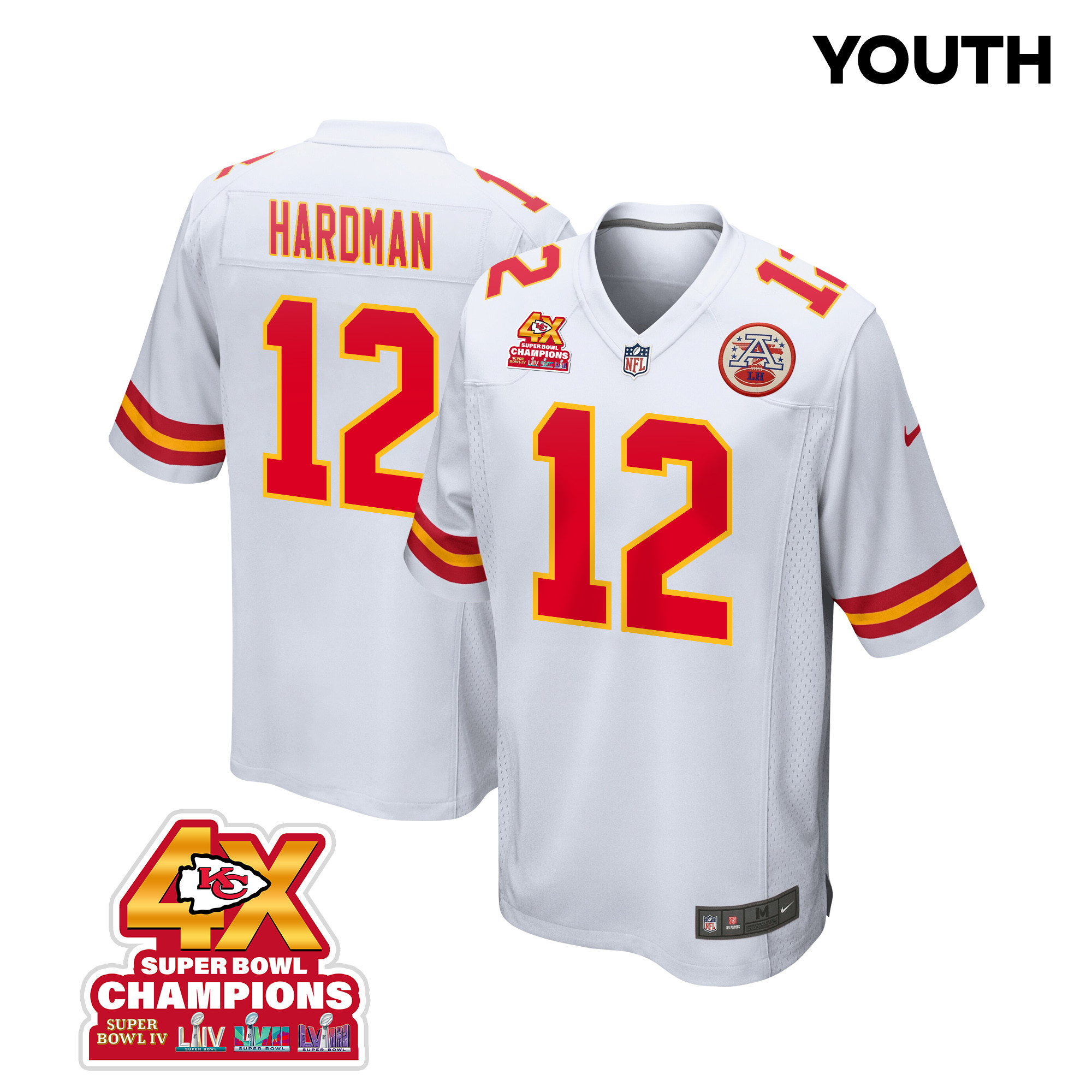 Mecole Hardman 12 Kansas City Chiefs Super Bowl LVIII Champions 4X Game YOUTH Jersey - White JS4107 Saliibo