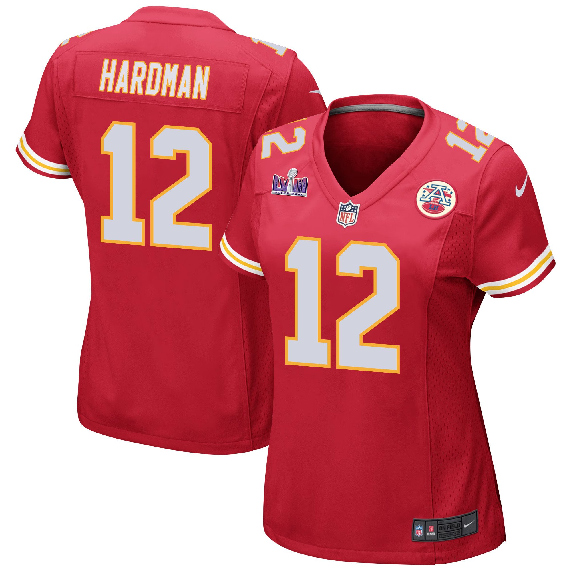 Mecole Hardman 12 Kansas City Chiefs Super Bowl LVIII Patch Game Women Jersey - Red JS6937 Saliibo