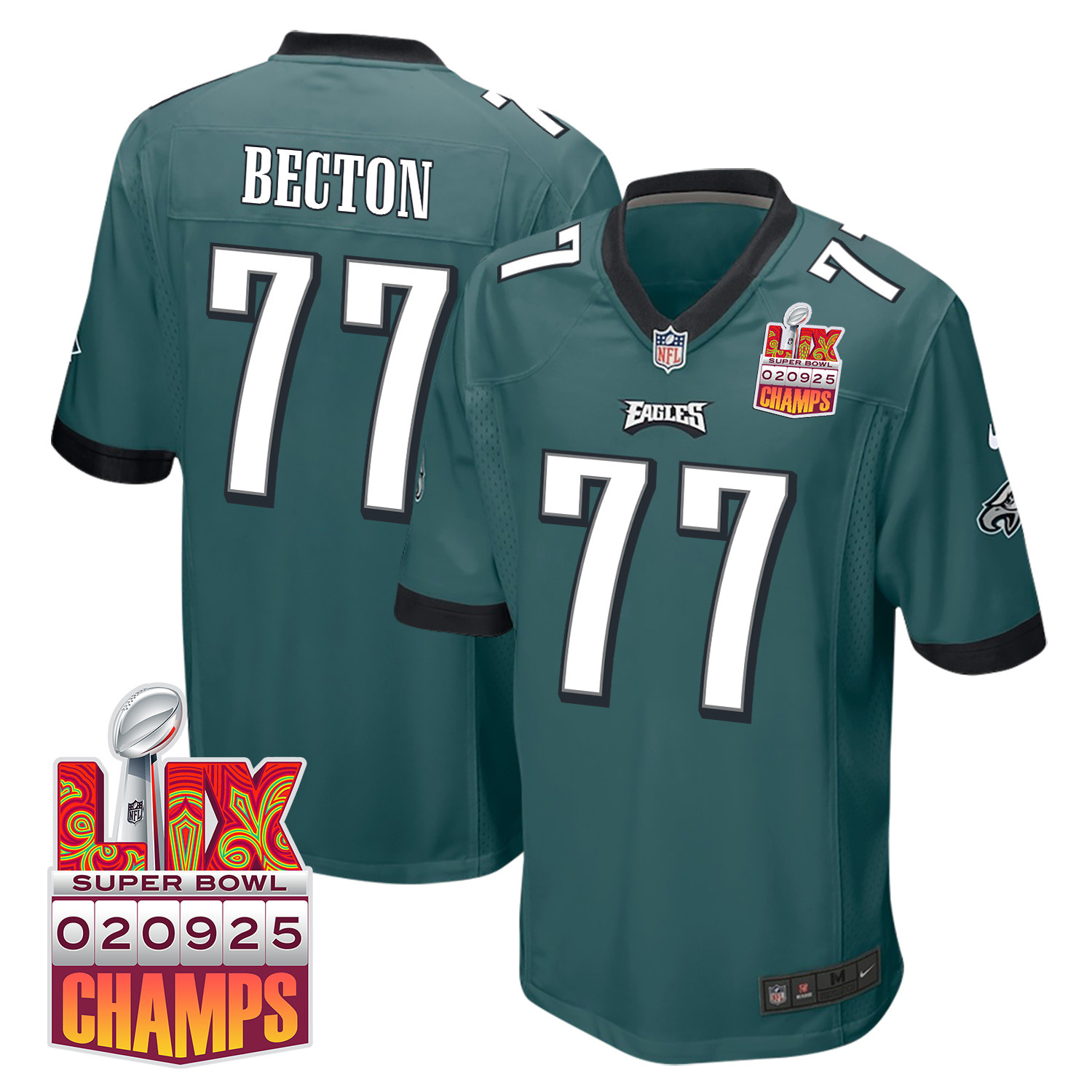 Mekhi Becton 77 Philadelphia Eagles Super Bowl LIX Champions Patch Game Men Jersey - Midnight Green JS9965 Saliibo