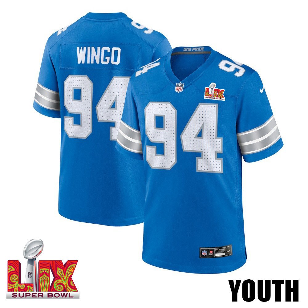 Mekhi Wingo #94 Detroit Lions Super Bowl LIX YOUTH Jersey - Blue JS7940 Saliibo