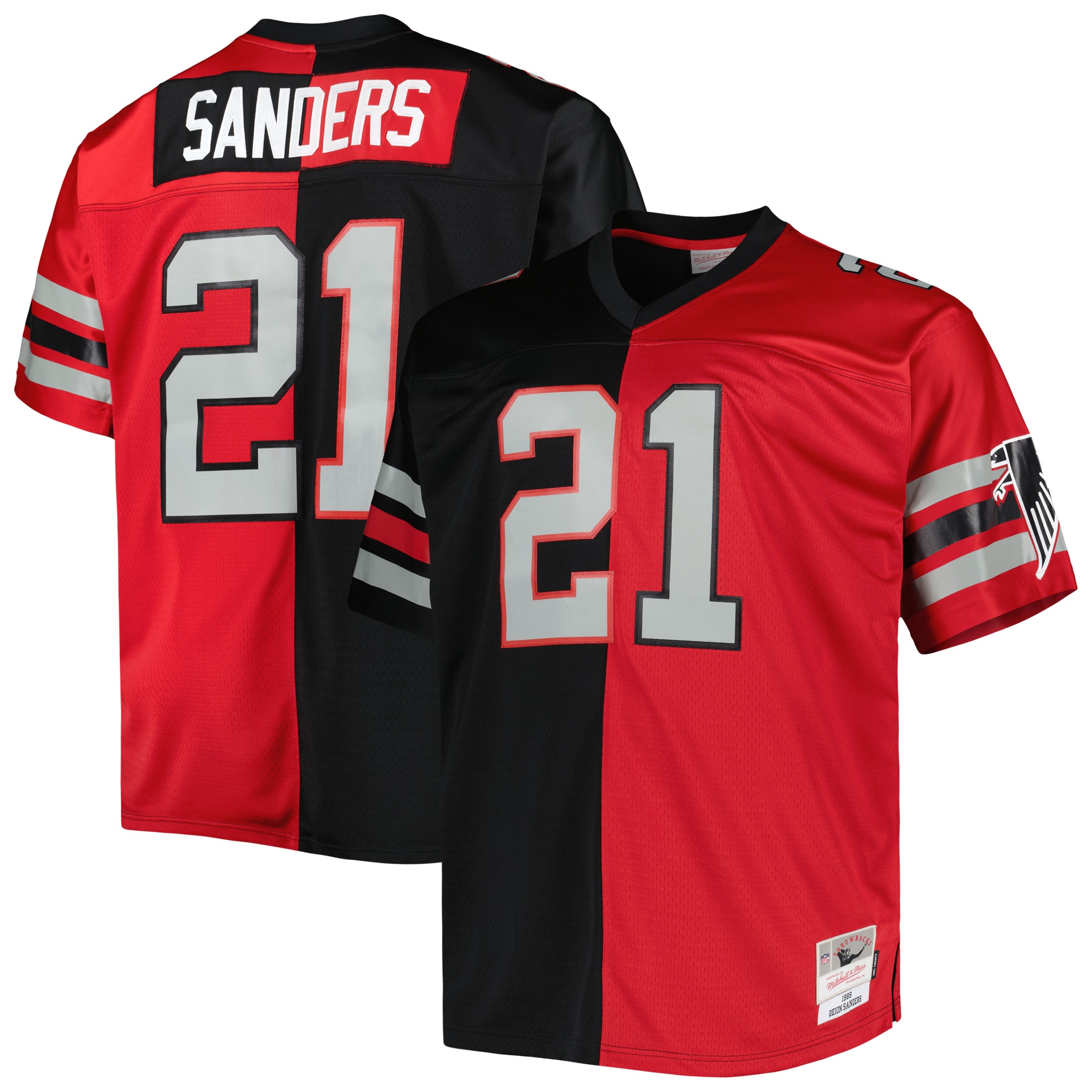 Men's Atlanta Falcons Deion Sanders Mitchell & Ness Black/Red Big & Tall Split Legacy Retired Player Jersey JS5797 Saliibo