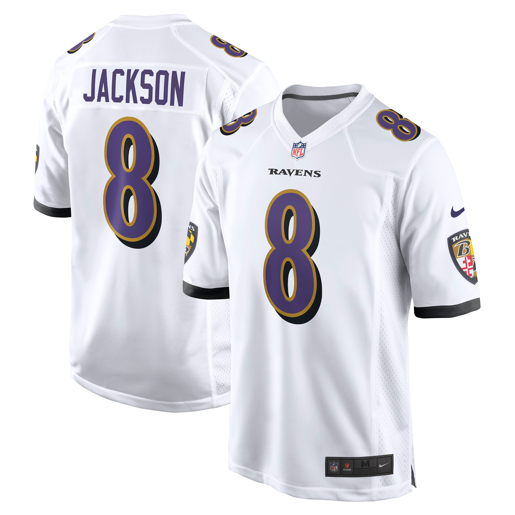 Men's Baltimore Ravens Lamar Jackson White Game Jersey JS9867 Saliibo